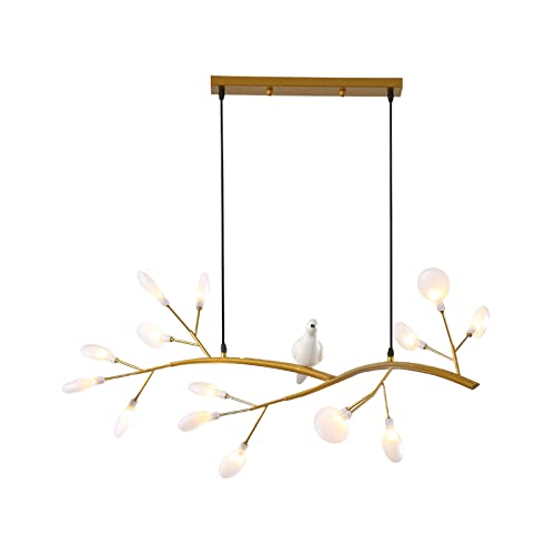 LITFAD Modern Acrylic Tree Branch Island Light Fixture - 15 LED Lights Gold Hanging Chandelier with Bird Decor for Dining Room, Restaurant, Bedroom | Nordic Style Ceiling Light for Home Decor, Wedding Venue & Cafe Lighting