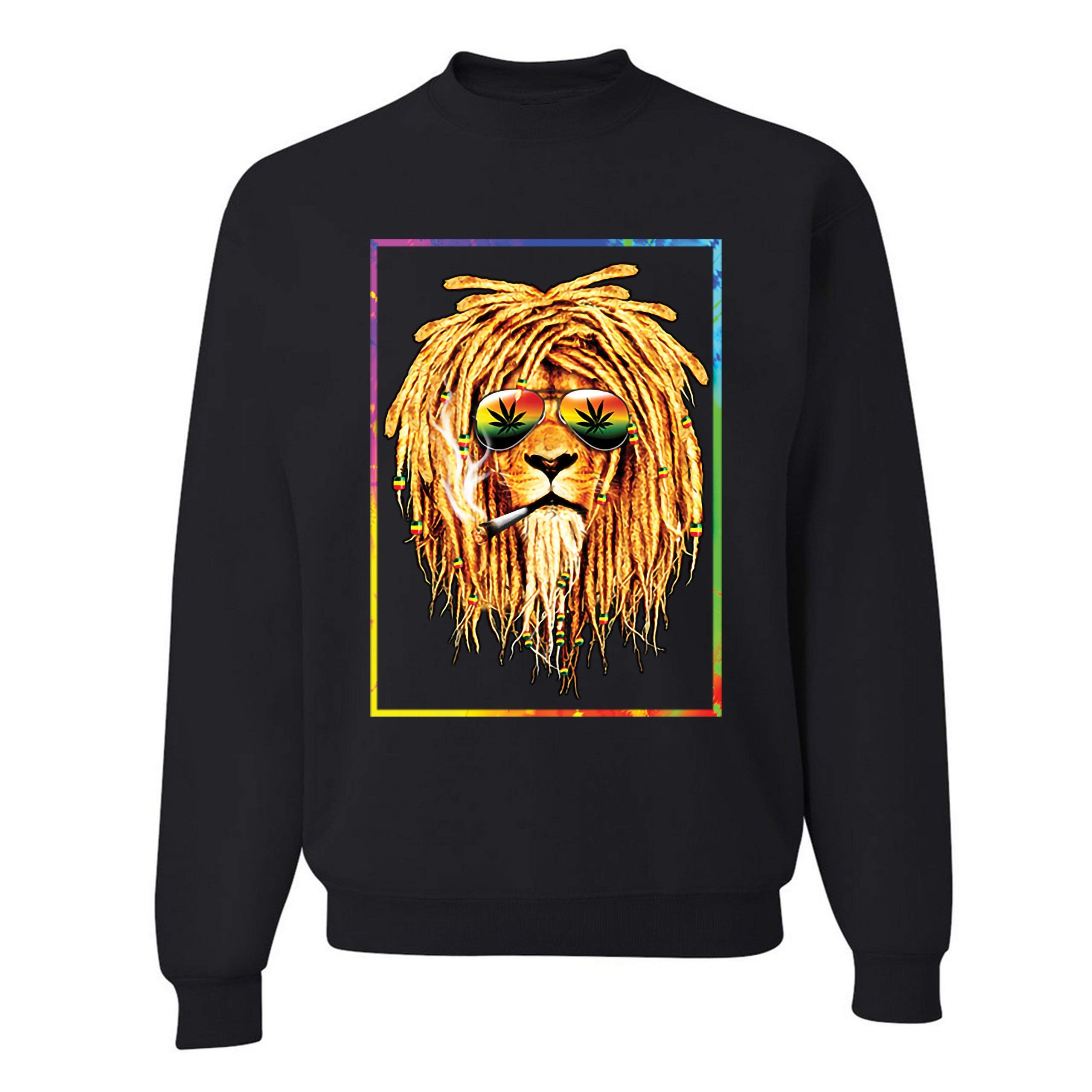 Rasta Lion with Sunglasses 420 Cannabis Sweatshirt - Cool Bob Marley Inspired Crewneck for Stoner, Reggae & Music Festival Outfits