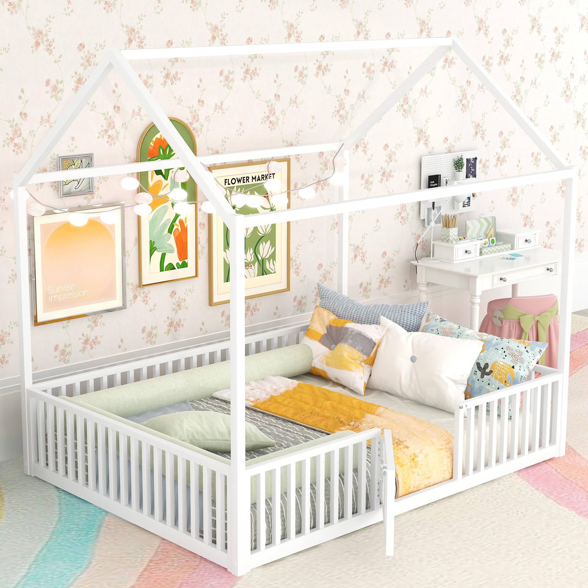 White Full Size Montessori Floor Bed Frame with Door & High Fence - Safe Kids House Bed for Boys & Girls | Perfect for Toddler Rooms, Daycare Centers & Montessori Classrooms
