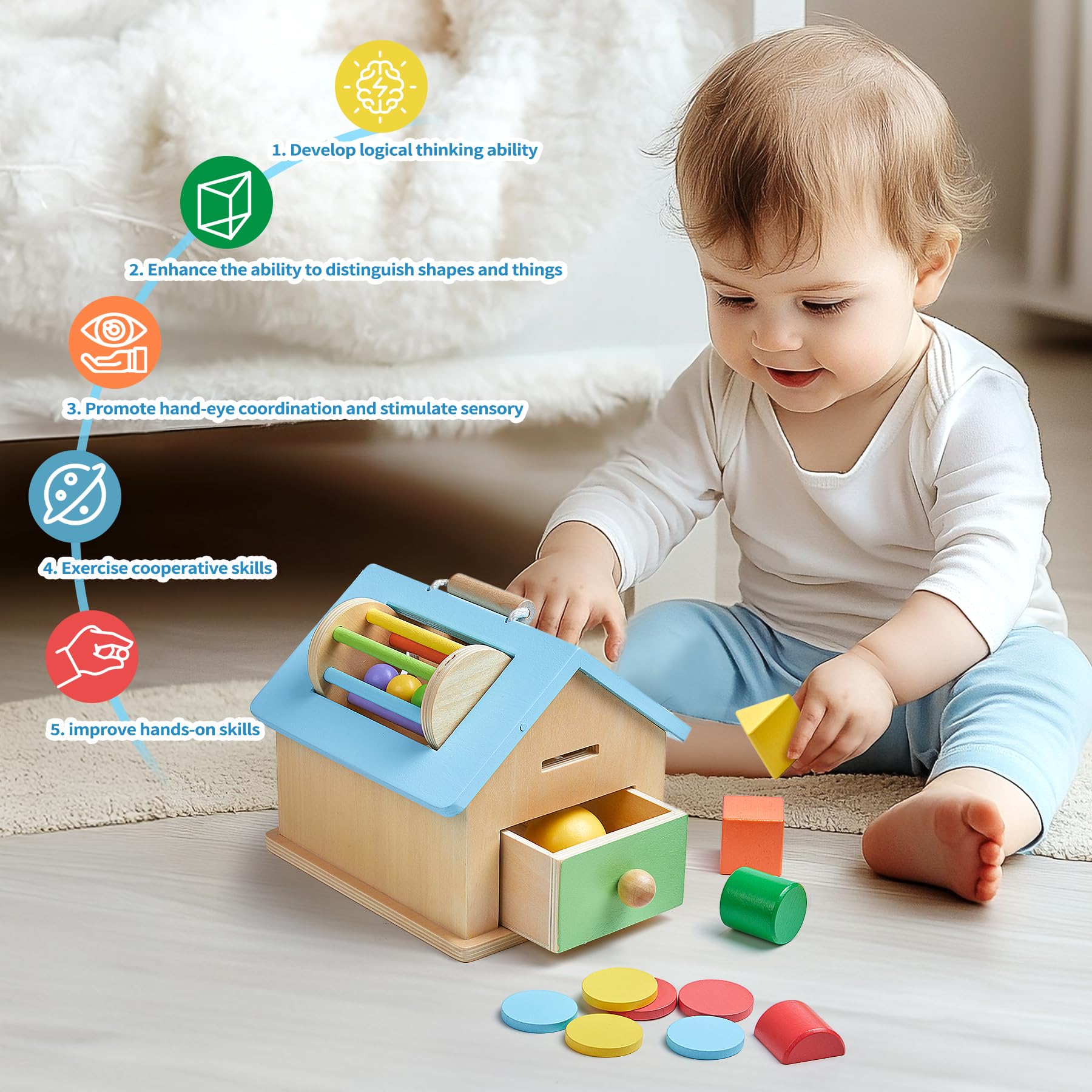 Montessori Wooden Toys for 1 2 3 Year Old Boys & Girls - 5-in-1 Baby Drop Toy with Shape Sorter & Stacking Blocks | Early Learning Educational Toys for Toddlers 12-36 Months | Perfect Gift for Birthday, Christmas & Home Preschool Activities