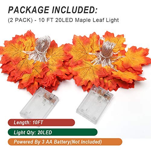 Coolrunner 2 Pack Maple Leaf String Lights - Waterproof Battery Operated LED Fall Garland with 2 Modes for Indoor/Outdoor Decor | Perfect for Thanksgiving, Christmas, Garden Parties & Home Decoration
