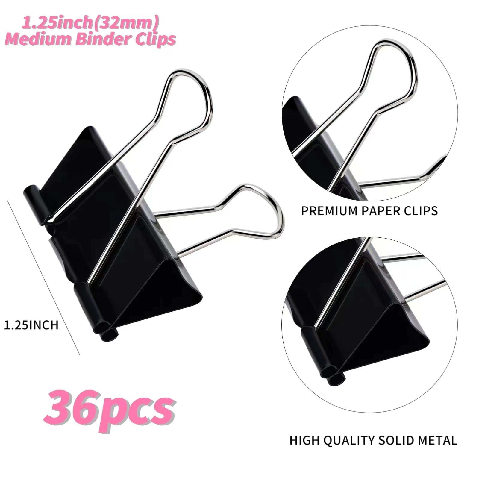24-Pack 1.25 Inch Black Metal Binder Clips - Heavy Duty Medium Paper Clips for Office Documents, School Projects & Home Organization | Perfect for Filing, Crafting & Bulletin Boards