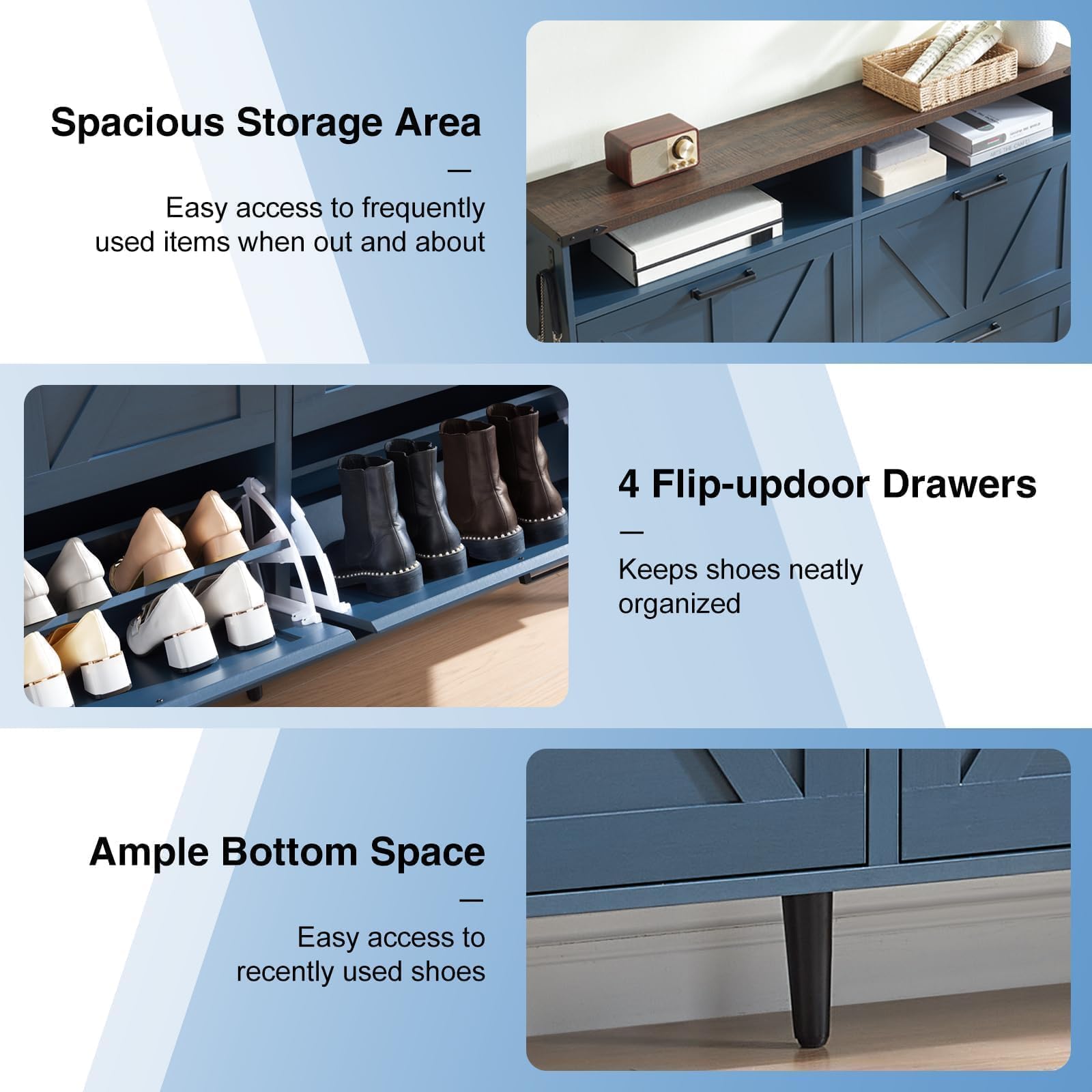 Farmhouse Shoe Storage Cabinet with 4 Flip Drawers & Barn Door Design - Freestanding Hidden Slim Narrow Shoe Rack Organizer with Open Shelves for Entryway, Foyer, Hallway - Perfect for Small Spaces & Home Organization (Blue)