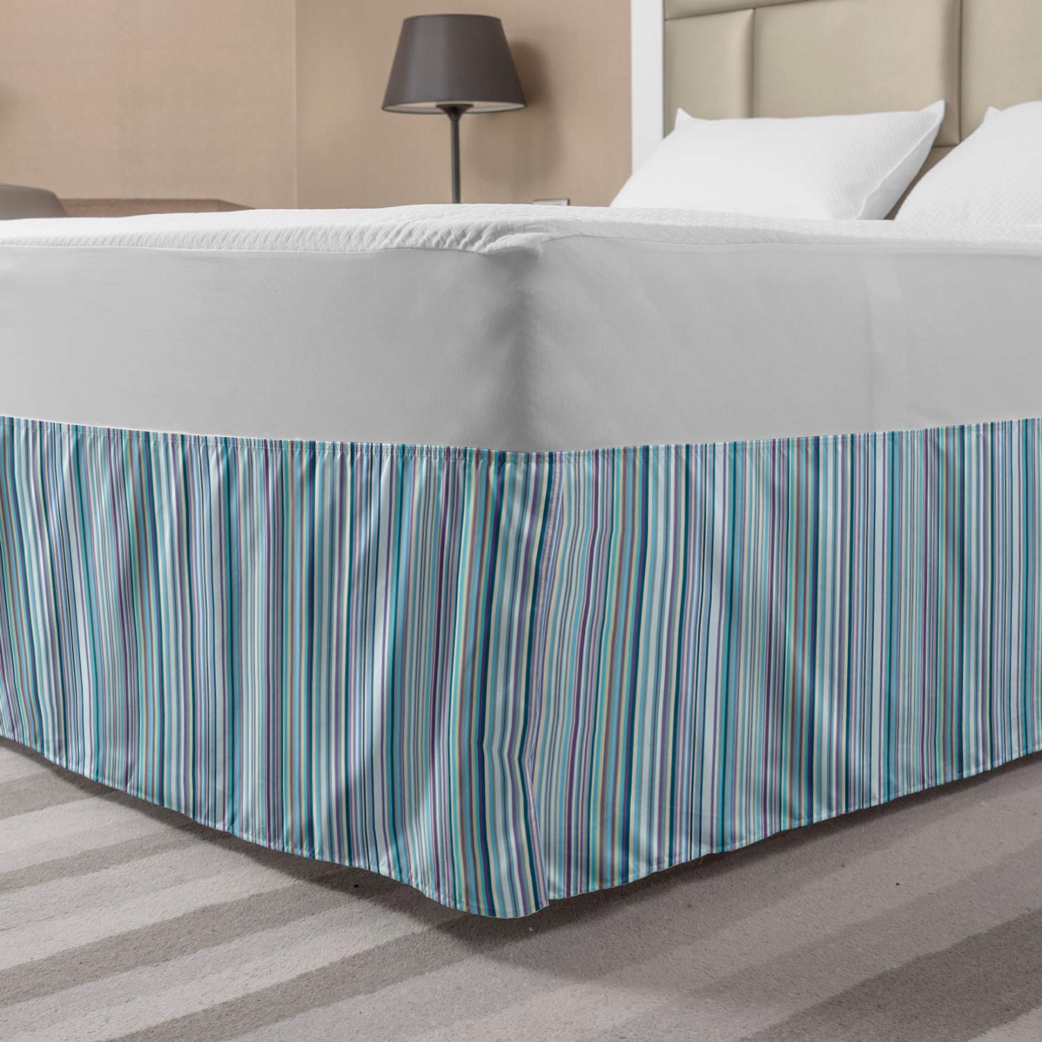 Lunarable Striped Elastic Bed Skirt - Pastel Vertical Stripes Modern Design, Wrap Around Fabric Dust Ruffle for Queen Size Bed, Lavender Cream | Perfect for Bedroom Decor & Guest Room Styling