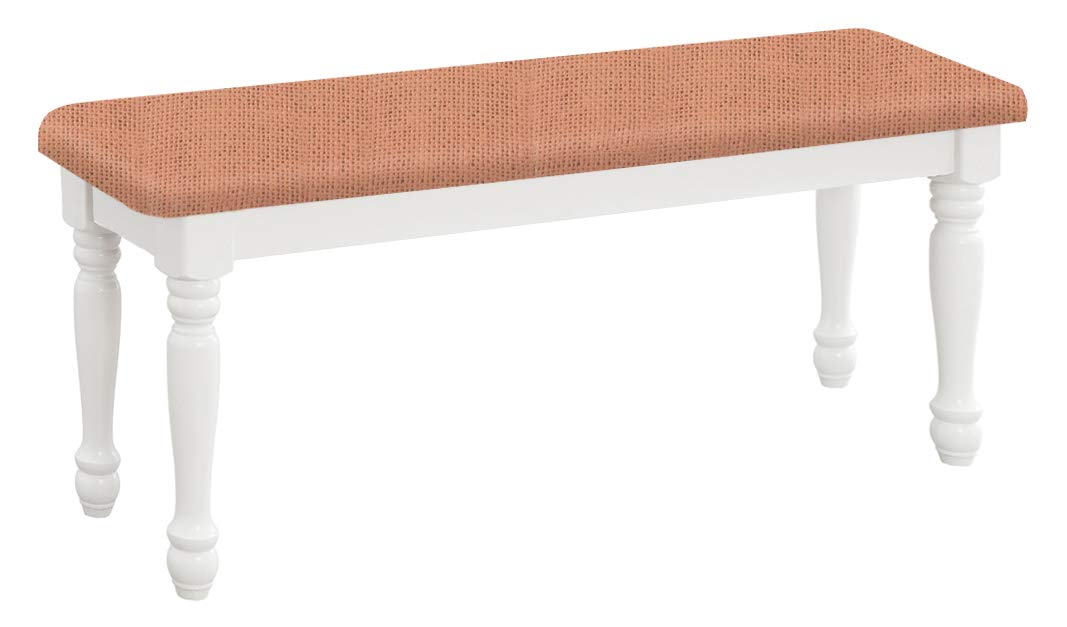 Farmhouse Style Traditional Wood Dining Bench with White Legs & Pink Burlap Padded Seat Cushion - Rustic Kitchen Table Bench for Dining Room, Breakfast Nook, and Farmhouse Decor
