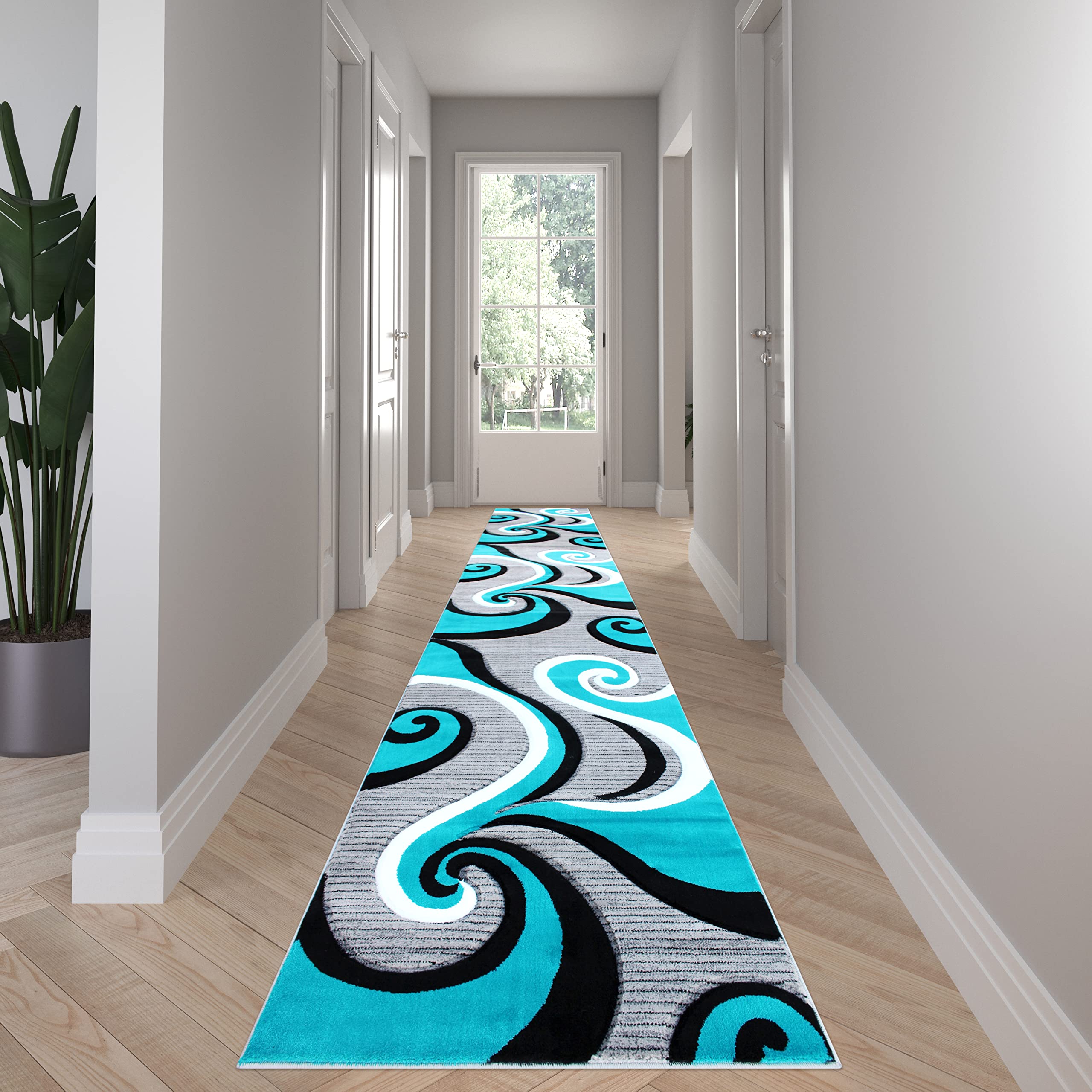 EMMA + OLIVER Modern 3D Sculpted Swirl Pattern Accent Rug - Turquoise, Black, White & Gray Modal 3x16 Area Rug with Varied Texture Piling for Living Room, Bedroom or Office Decor