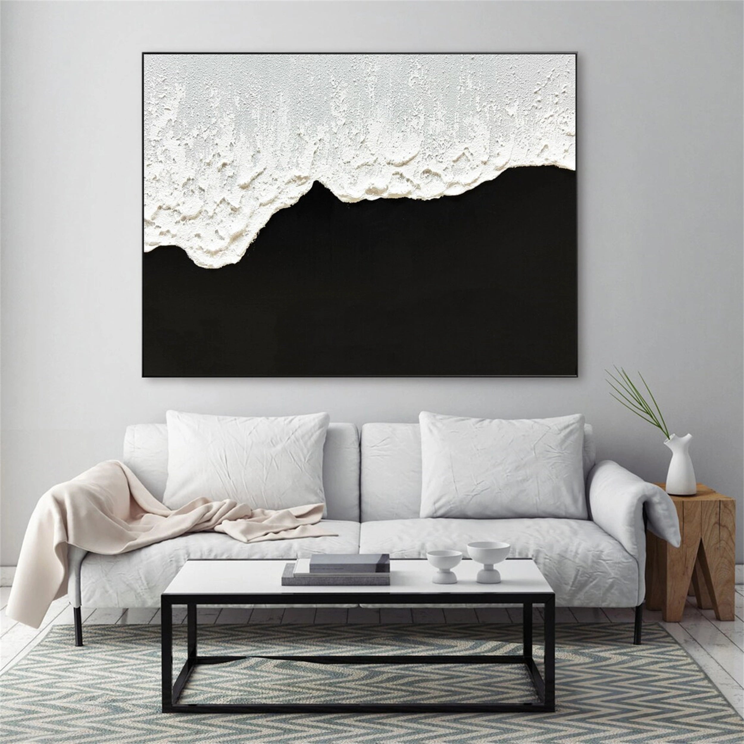 Black and White Textured Minimalist Wall Art Print - Modern Abstract Canvas Painting for Living Room, Bedroom & Office Decor | #MZ058