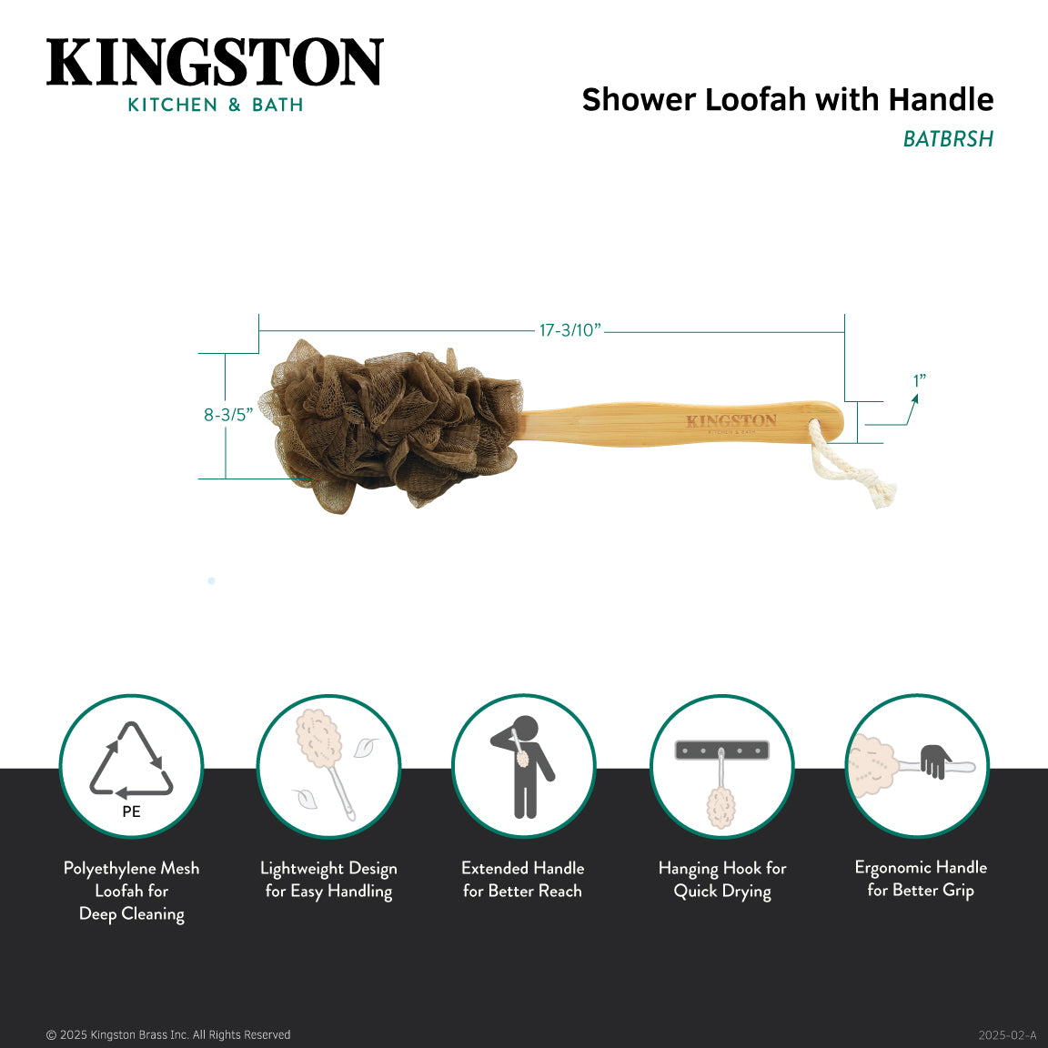 BATBRSH 17 Inch Wooden Bath Brush with Long Handle - Exfoliating & Massaging Back Scrubber for Shower and Bath - Natural Brown Wooden Body Brush for Deep Cleansing & Skin Care