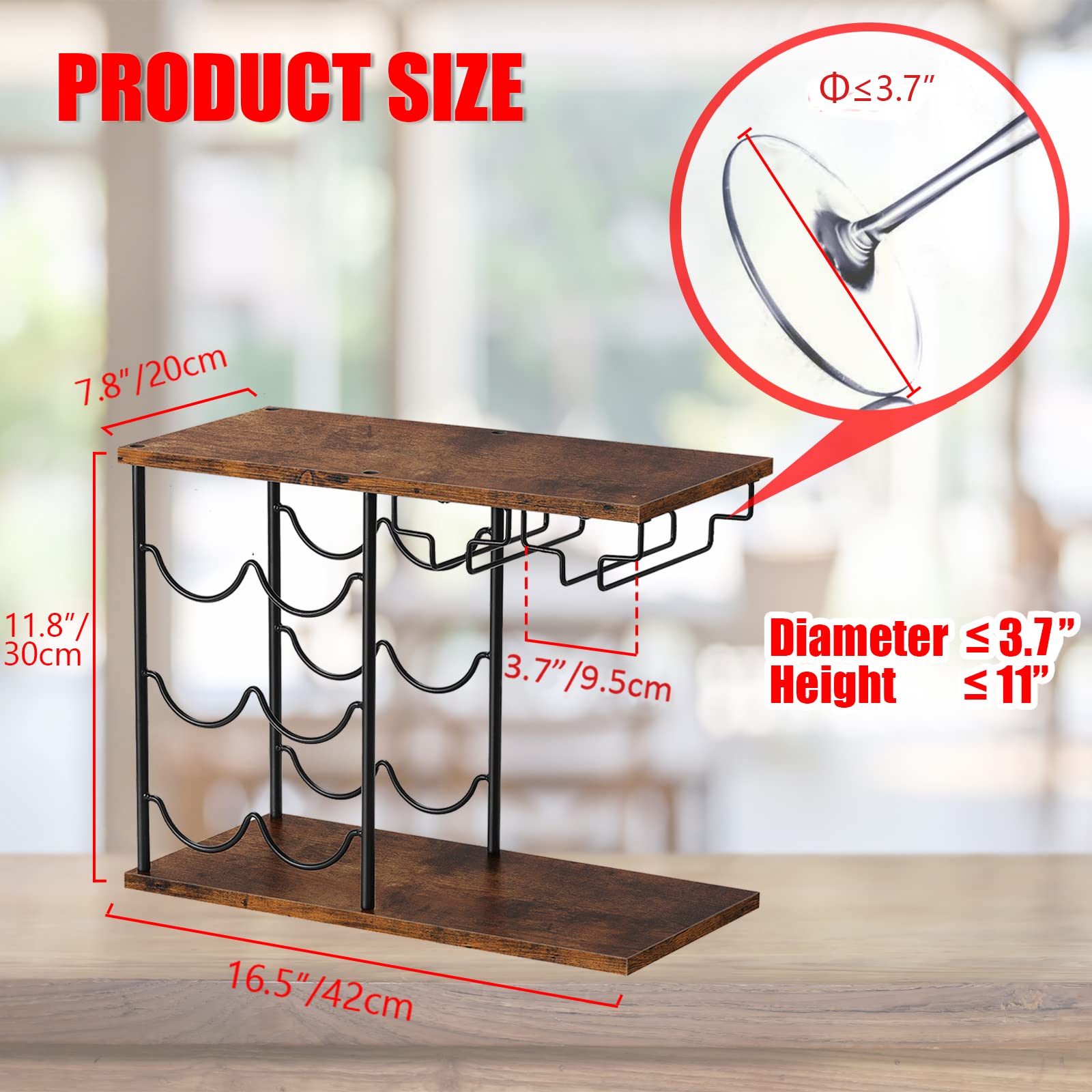 Premium Countertop Wine Rack - Holds 6 Bottles & 4 Glasses | Freestanding Wine Storage Organizer for Kitchen, Bar, Home, Cellar | Space-Saving Design for Small Spaces & Entertaining