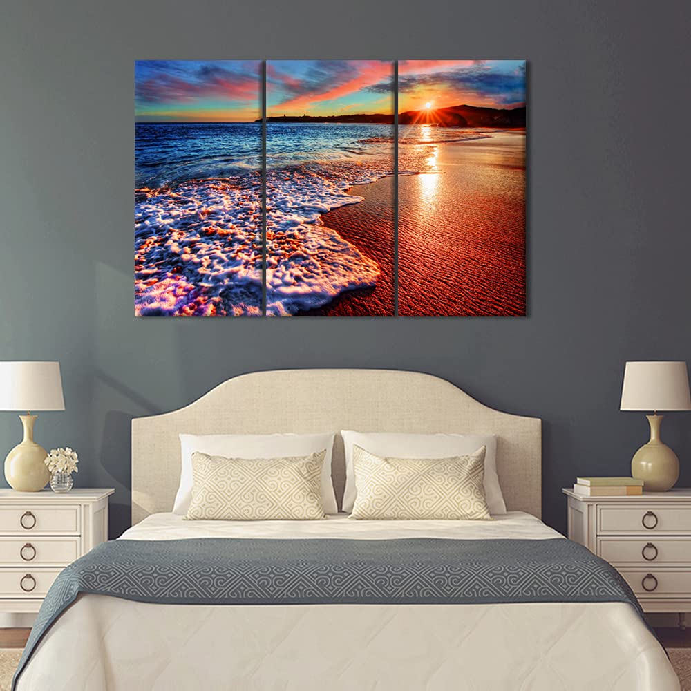 3-Piece Beach Sunset Canvas Wall Art - Ocean Coastline Landscape Painting for Living Room Decor, Framed & Ready to Hang (60