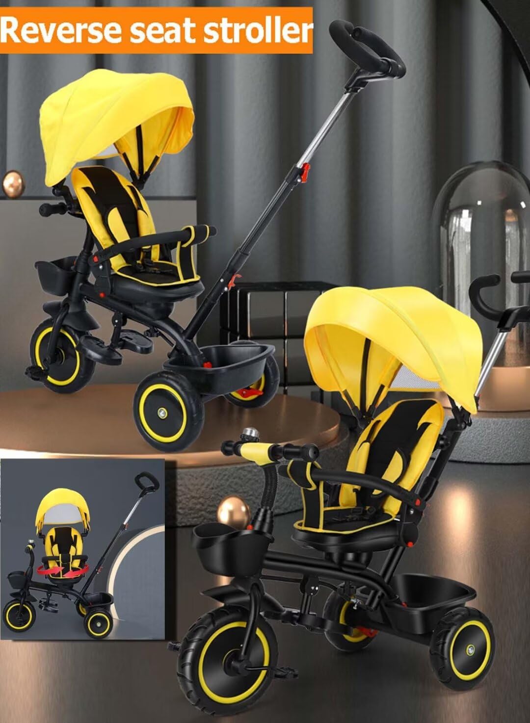 Two-Way Reversible Toddler Stroller Tricycle with Adjustable Seat, Safety Belt & Guardrail - Parent Steering Handle & Dual Rear Brakes - Black/Yellow Foam Wheels for Park Rides & Neighborhood Walks
