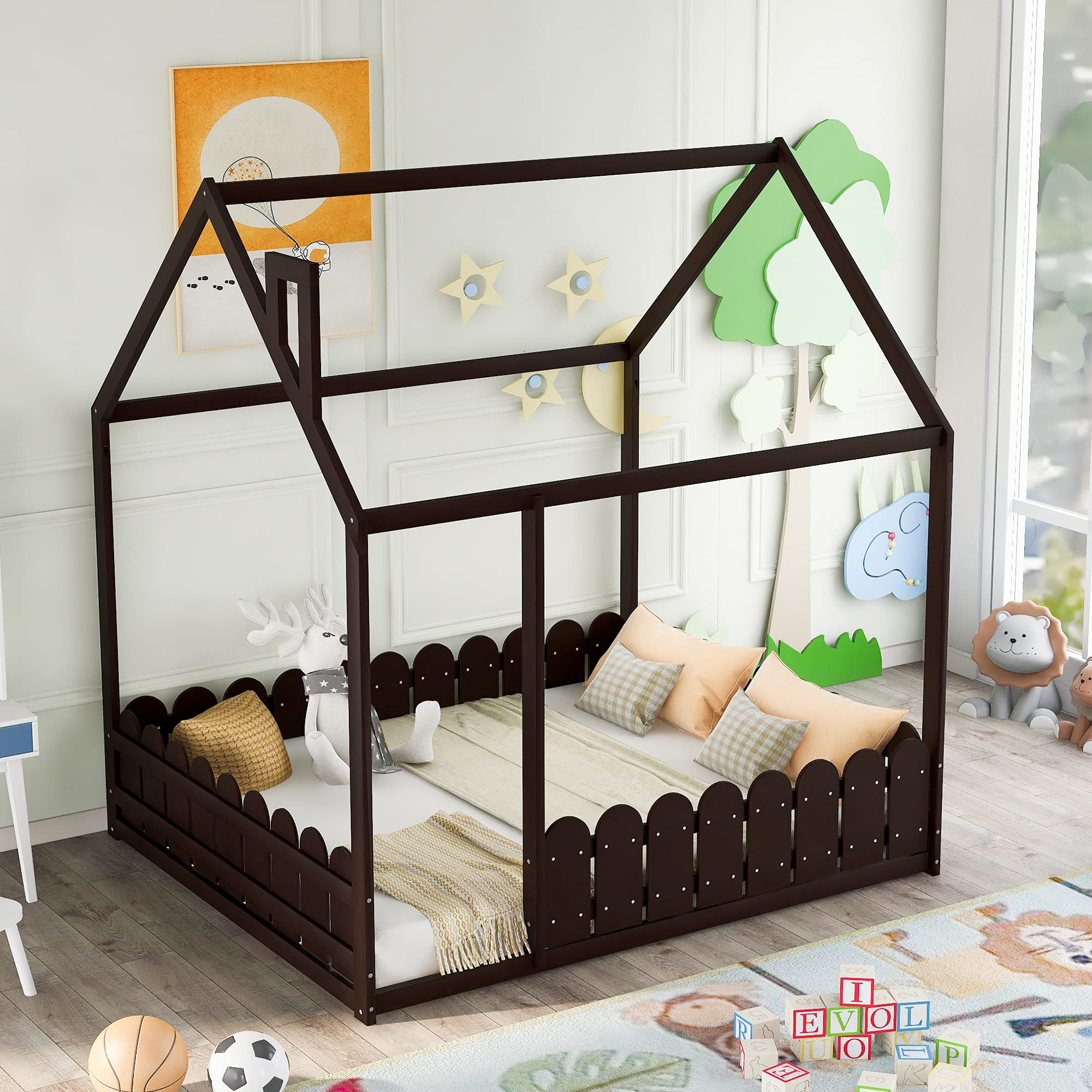 Solid Wood Full House Bed for Kids & Toddlers - Heavy Duty Children's Bed Frame with Unlimited Weight Capacity (Espresso) - Perfect for Nursery, Bedroom, Playroom & Montessori Style Decor