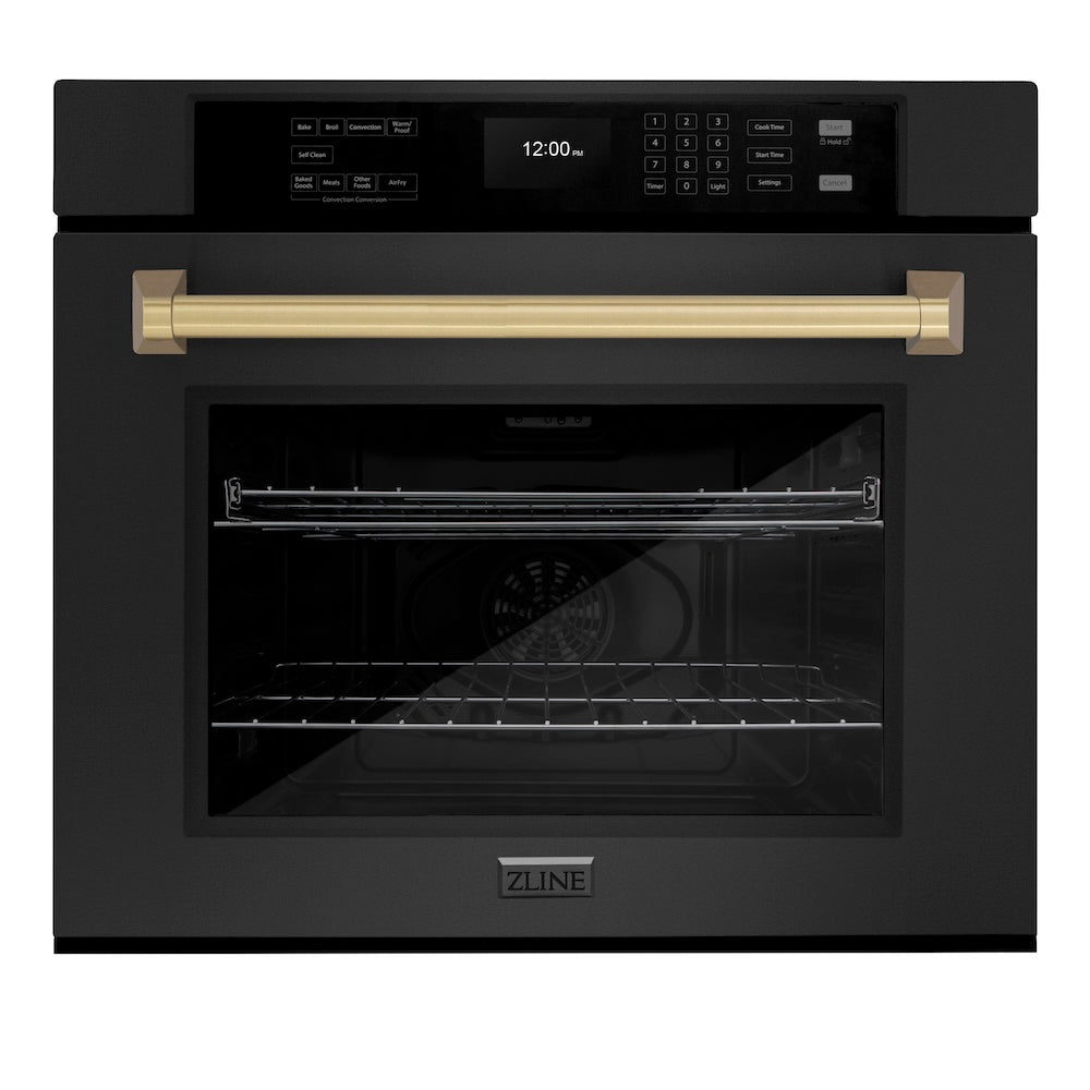 ZLINE Autograph Edition 30 Inch Professional True Convection Single Wall Oven with Air Fry & Self-Clean - Black Stainless Steel with Champagne Bronze Handle (WASBZ 30 CB) | Perfect for Modern Kitchens, Baking, Roasting & Air Frying