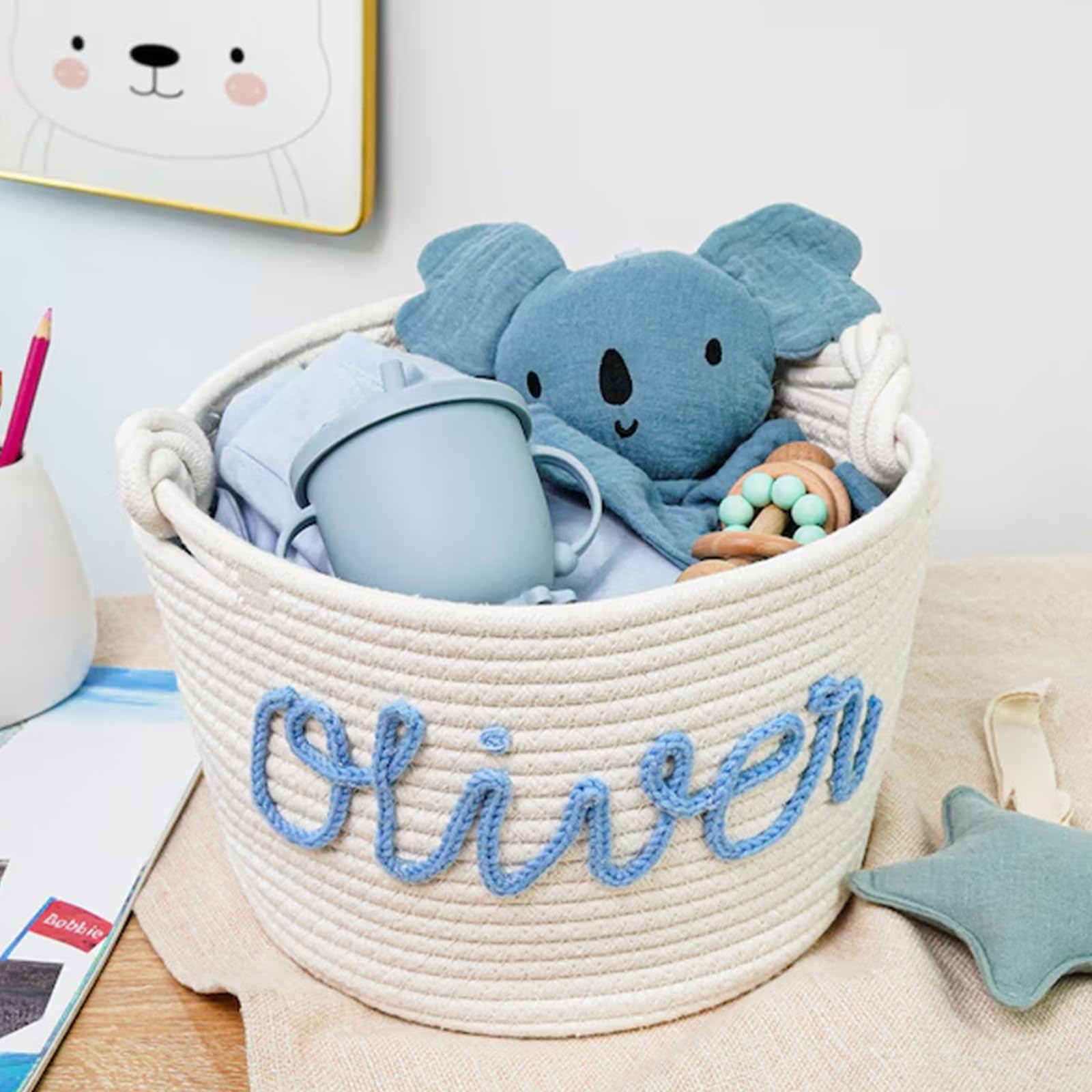 Personalized Baby Name Basket - Custom Cotton Rope Baby Shower Gift, Diaper Caddy & Nursery Organizer for Newborn Essentials | Perfect for Baby Showers, Nursery Storage & Gift Giving (Style C)