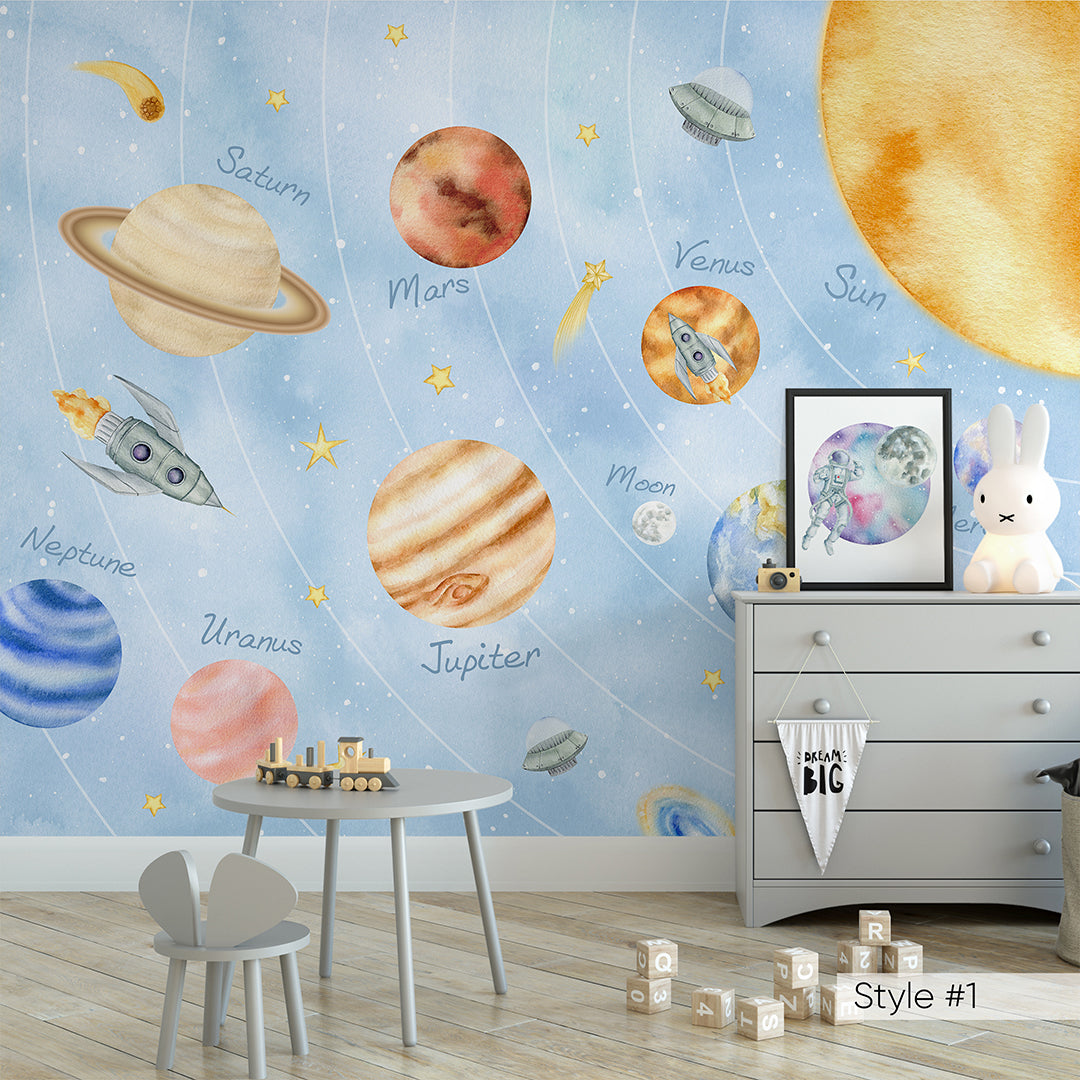 Blue Pink Solar System Wall Mural WM080 - Space Themed Kids Room Decor & Nursery Wall Sticker - Perfect for Bedroom, Classroom, and Playroom Decoration