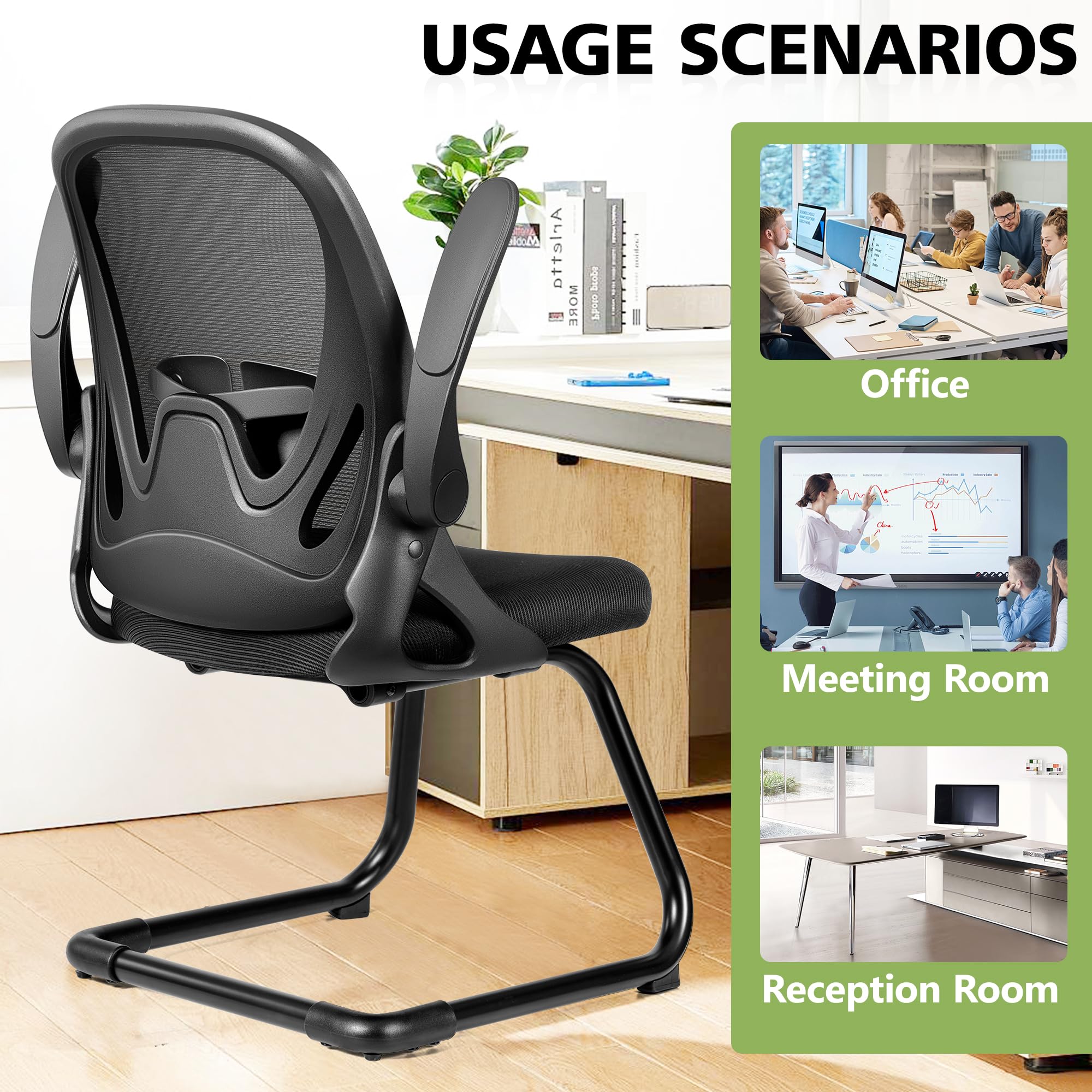 Primy Waiting Room Chairs - Flip-Up Armrests & Adjustable Lumbar Support - Breathable Mesh Office Guest Chairs for Reception, Conference Rooms & Elderly Use - Black Stationary Desk Chair Without Wheels - Perfect for Clinics, Hospitals, and Corporate Lobbies