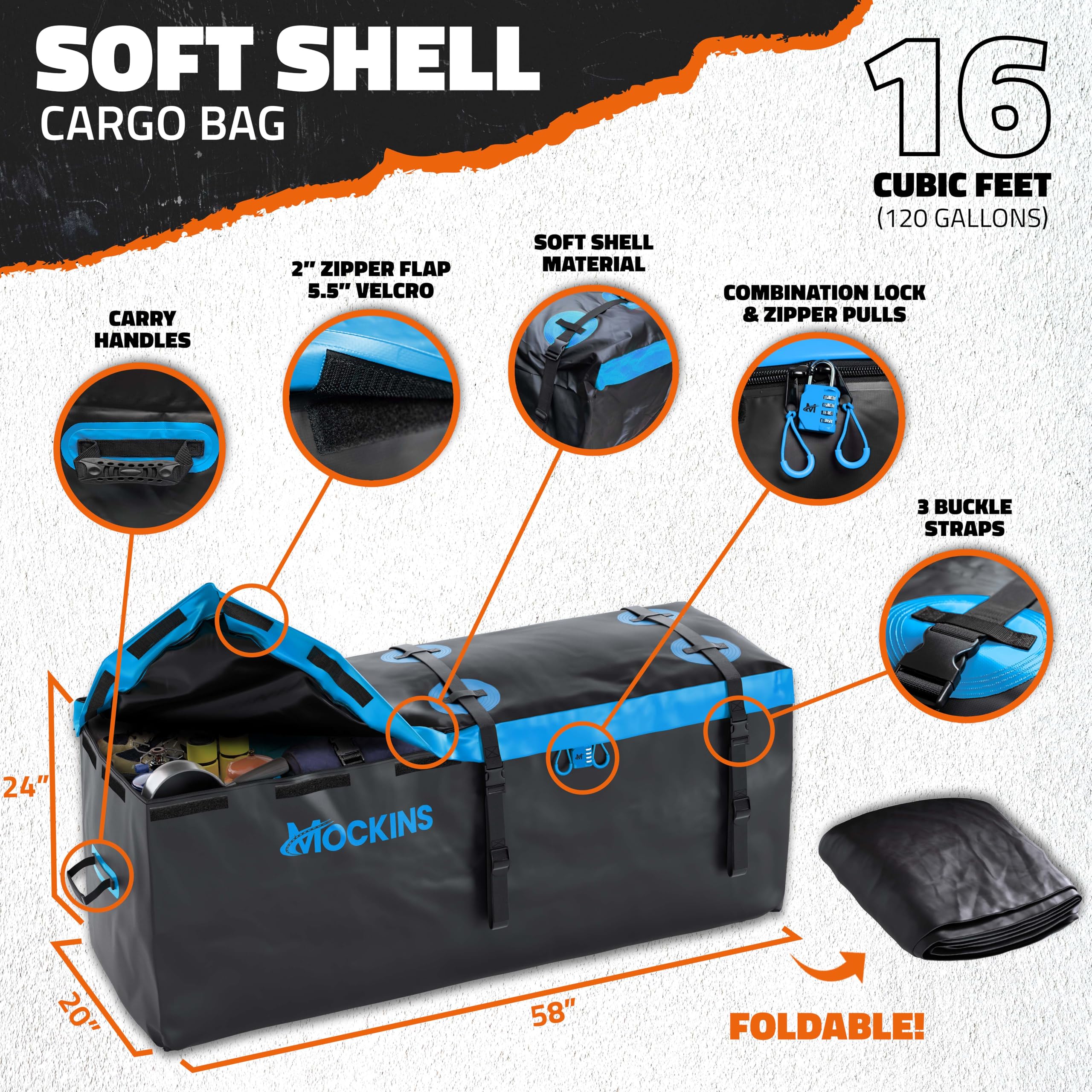 Mockins 60x20x6 Inch Folding Trailer Hitch Cargo Carrier with 16 CuFt Waterproof Vinyl Cargo Bag & 4 Packing Cubes – 500 Lbs Capacity SUV/Car Luggage Rack | Perfect for Road Trips, Camping Gear Storage & Truck Bed Organization