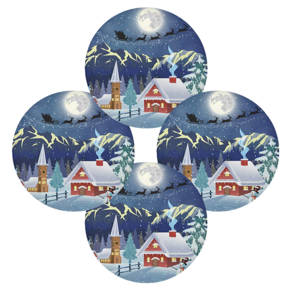 Christmas Tree Snowman Moonlight Holiday Table Placemats Set of 6 - 15.4 Inch Round Non-Slip Kitchen Dining Mats for Festive Decorations & Family Gatherings
