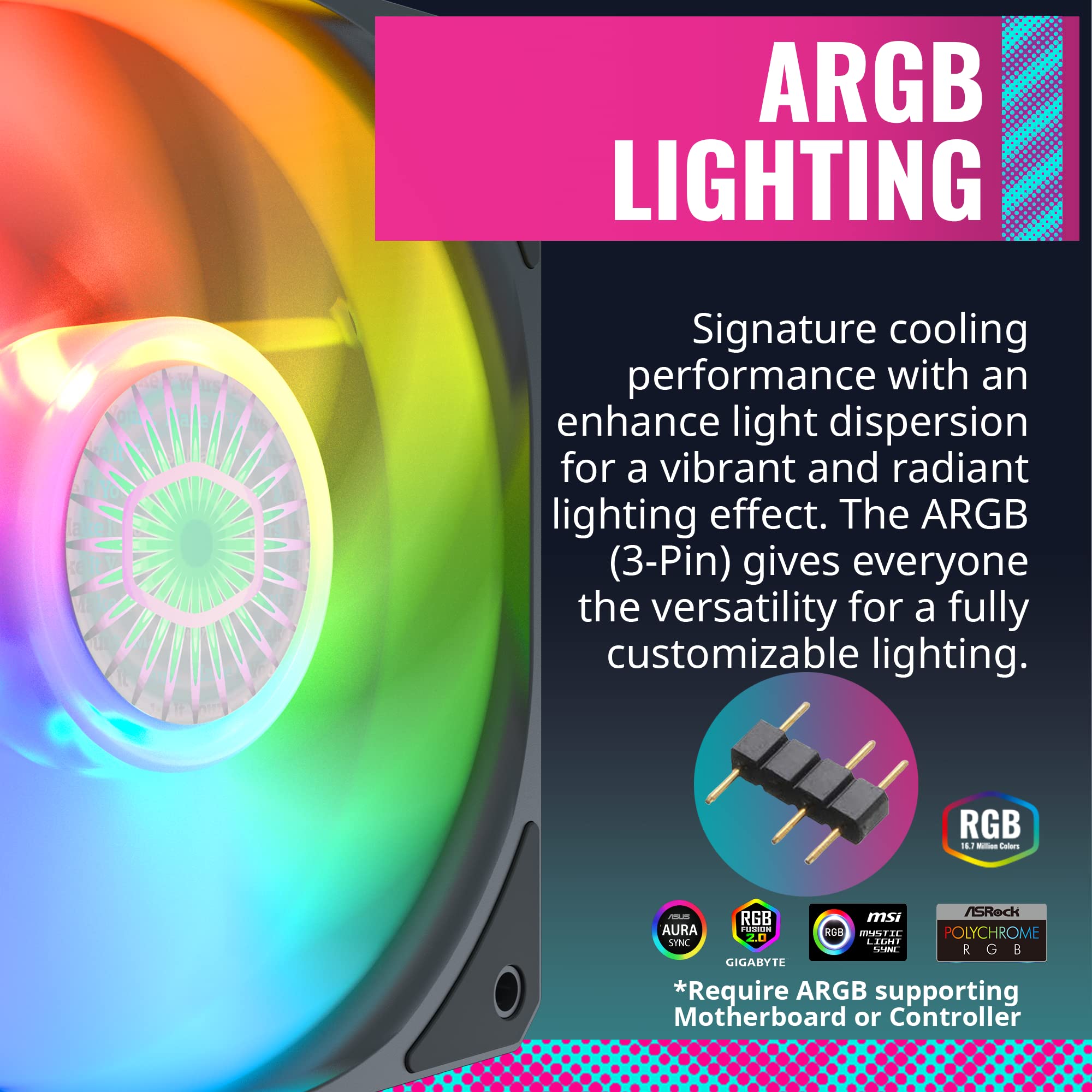 Cooler Master SickleFlow 120 V2 ARGB 3-in-1 Square Frame Fan - 120mm PWM PC Case & Liquid Radiator Cooling Fan with Customizable 3-Pin ARGB LEDs, Air Balance Curve Blades & Sealed Bearing | Perfect for Gaming PC Builds, High-Airflow Cases & Water Cooling Systems