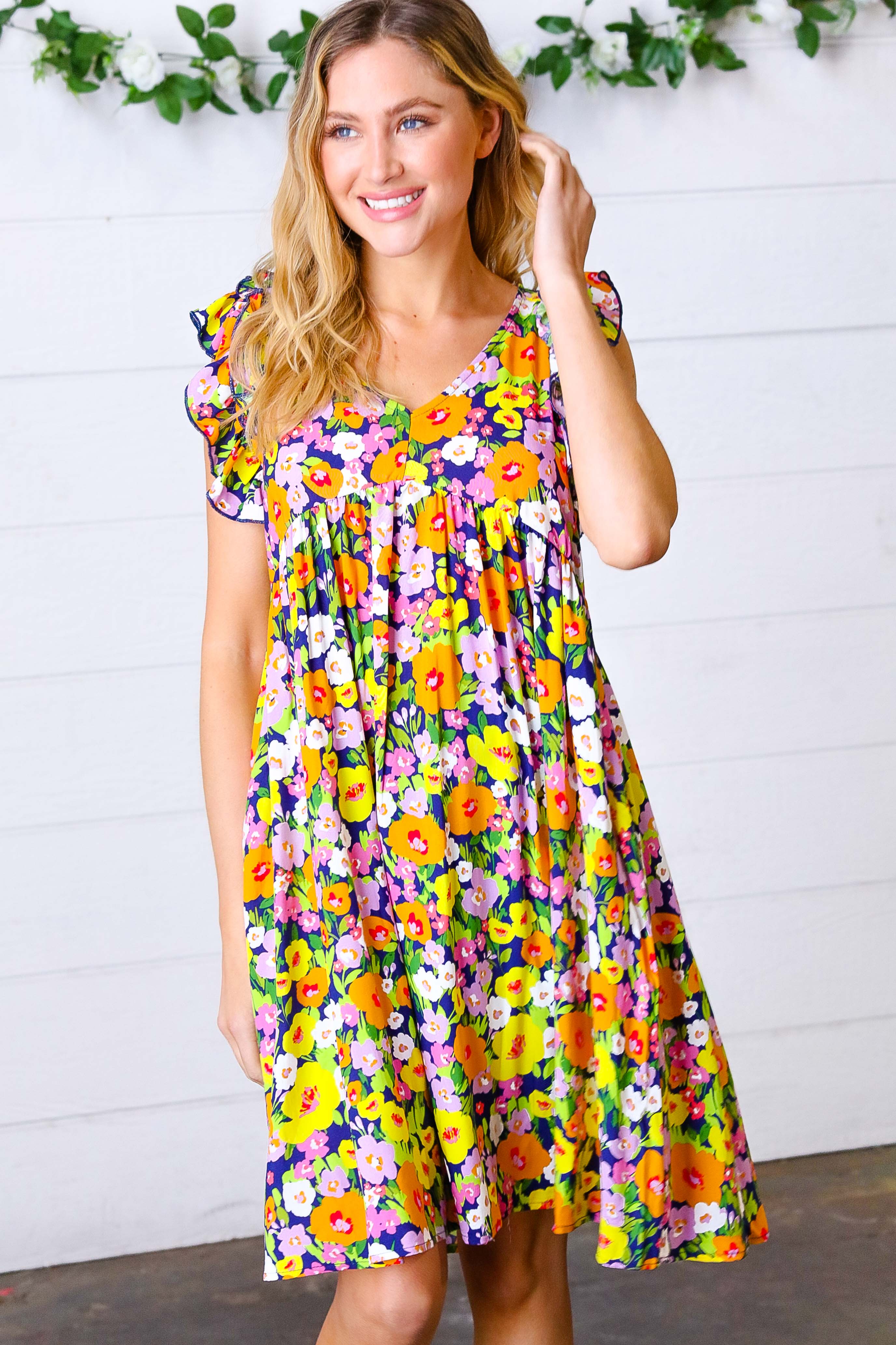 Indigo & Lemon Floral Babydoll Ruffle Dress for Women - Summer Party, Beach Vacation & Date Night Outfit