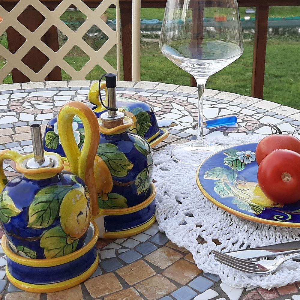 Italian Ceramic Pitcher 16oz - Hand Painted Lemon Blue Design Kitchen Carafe & Utensil Holder - Tuscan Pottery Wine Dispenser & Home Decor Vase - Perfect for Farmhouse Kitchens, Italian Restaurants & Gift Giving