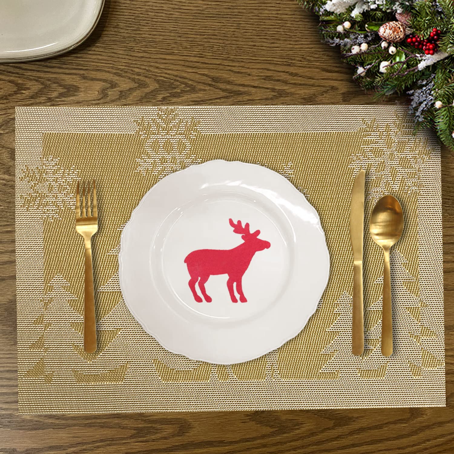 6-Piece Christmas Reindeer & Gold Woven Vinyl Non-Slip Placemats Set - Washable, Anti-Skid Table Mats for Kitchen Dining, Holiday Decor & Festive Gatherings