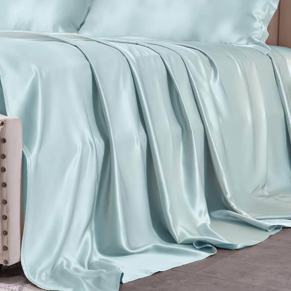 Luxury 25 Momme Mulberry Silk Flat Sheet - Seamless, Soft & Durable Queen Size Bed Sheet (Light Blue) | Perfect for Upscale Bedrooms, Hotels & Gift Giving