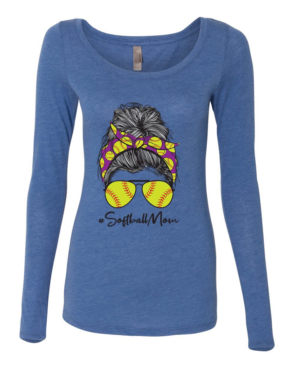 Messy Bun Softball Mom T-Shirt | Long Sleeve Scoop Neck Top for Women - Perfect for Game Day, Sports Events & Mother's Day Gifts