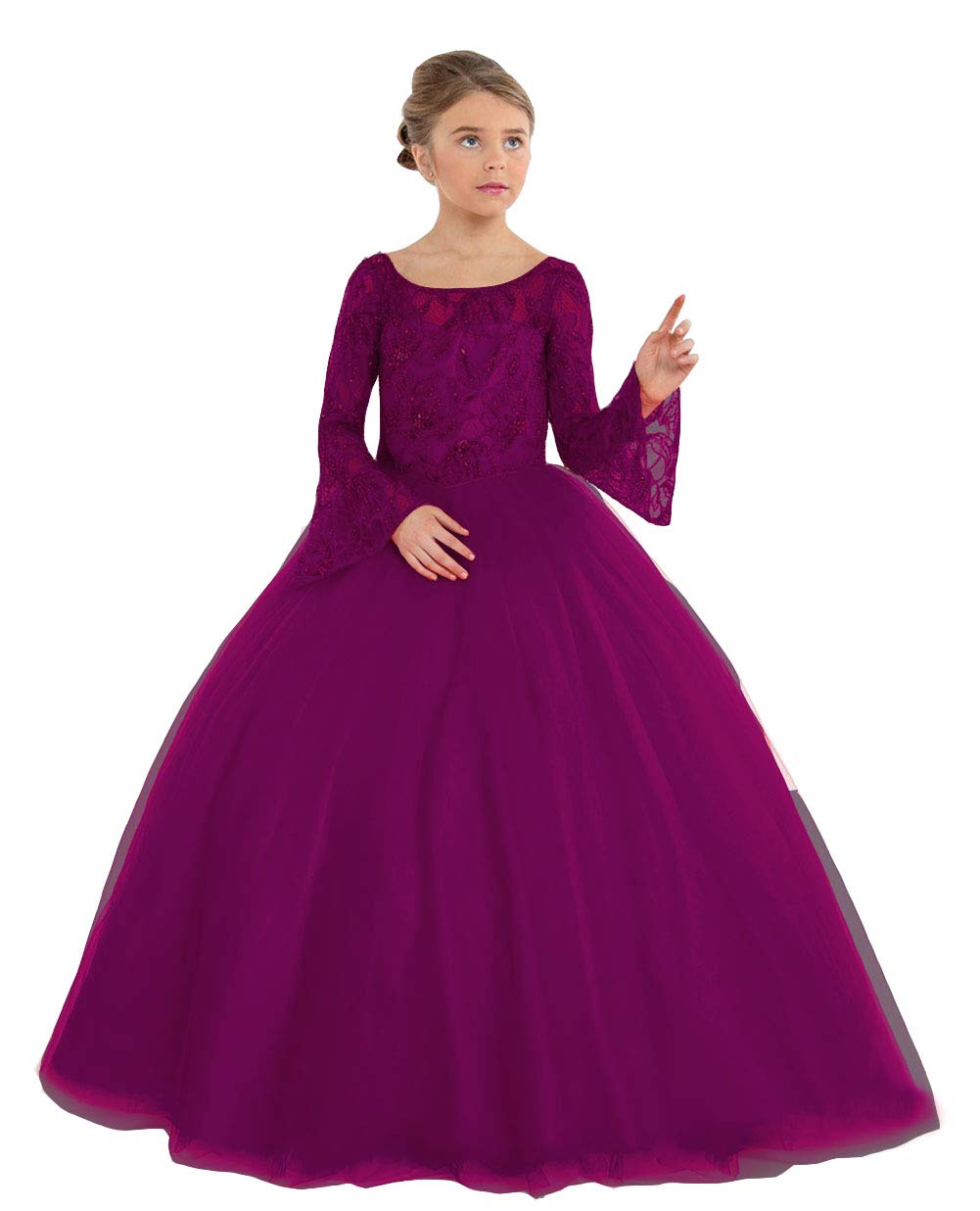 Girl's Tulle Flower Girl Dress with Lace Long Sleeves - Elegant Christmas & Birthday Party Dresses for Weddings, Pageants & Special Occasions