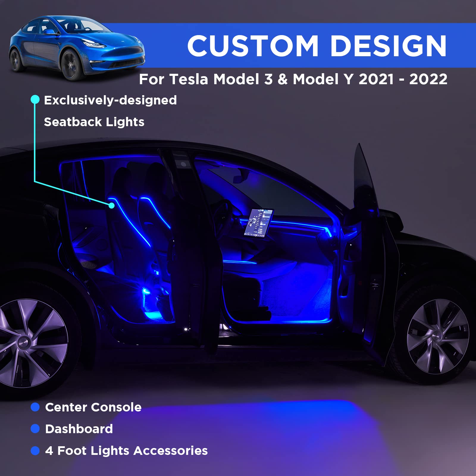 Nestour Tesla Model 3 & Y Foot Pedal Cover and Interior LED Neon Light Kit (2021-2022) - Center Console, Dashboard, Seat Back & 4 Footwell Lights for Custom Car Lighting | Perfect for Night Driving & Car Shows