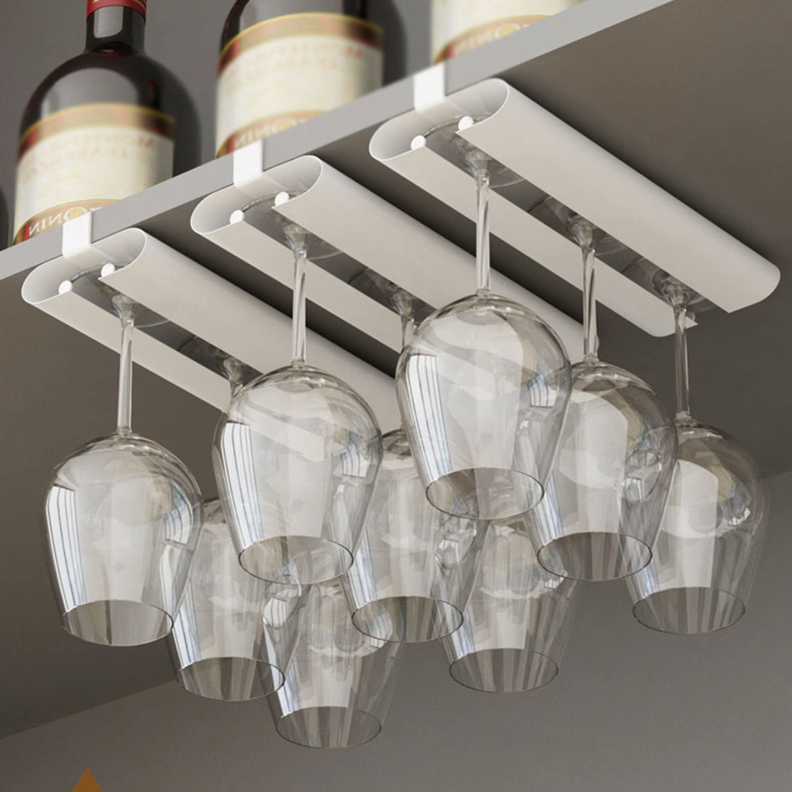 Stainless Steel Wine Glass Rack Holder - Wall Mount Stemware Storage Organizer for Kitchen, Bar, Restaurant - Easy Install Hanging Wine Cup Display (White) - Perfect for Home Bars, Wine Cellars & Dining Rooms