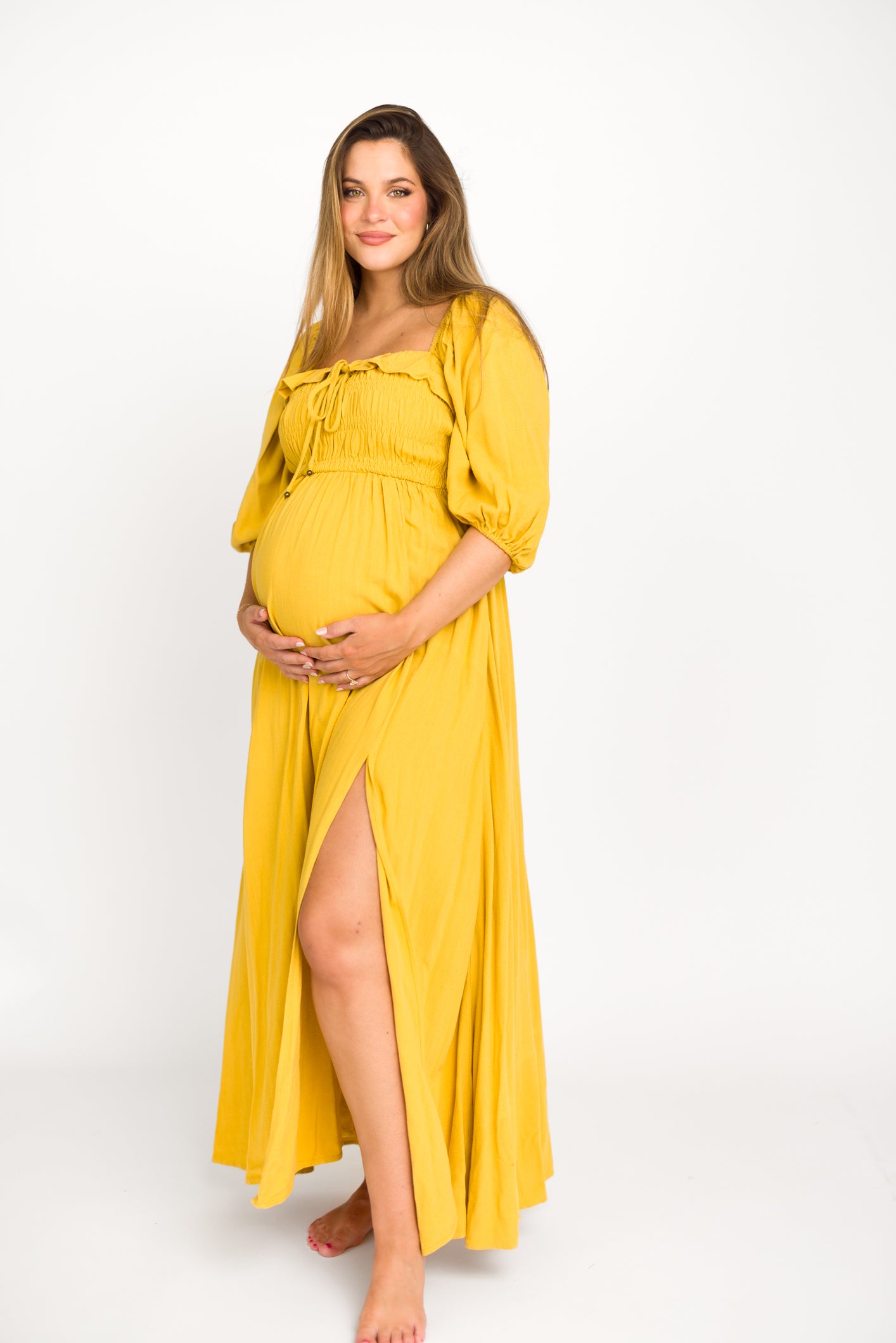 Devon Smocked Maternity Maxi Dress in Mustard Yellow - Bump Friendly Flowy Summer Dress for Pregnancy, Beach Vacations & Special Occasions