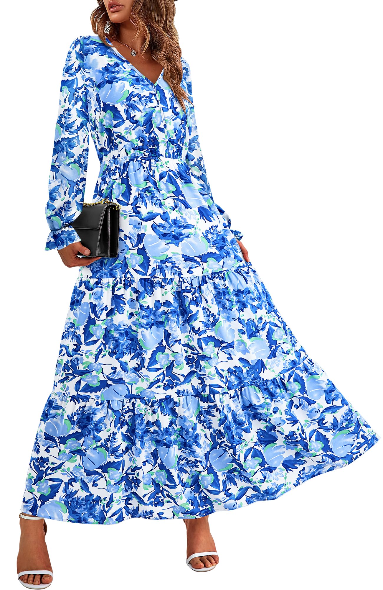 BTFBM Women's Floral Boho Maxi Dress 2025 - Long Sleeve V-Neck Casual Spring Dress for Wedding Guest, Beach, Party & Everyday Wear