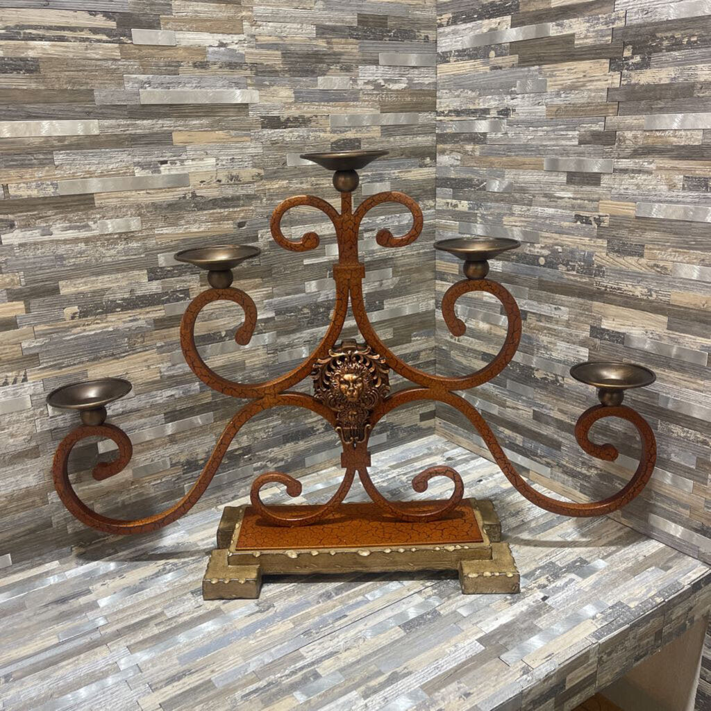 Ornate Metal 5-Arm Candle Holder with Lion Head Emblem - 26