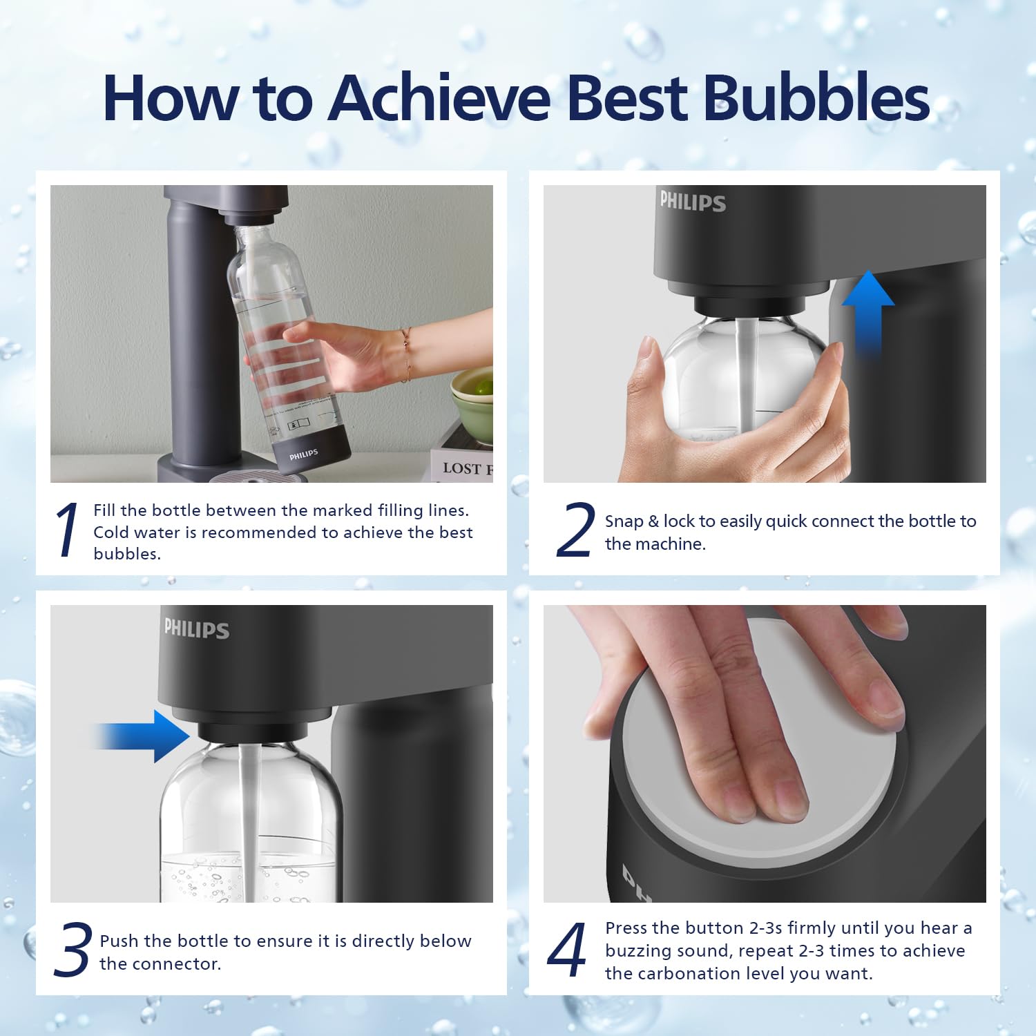 PHILIPS Sparkling Water Maker - Soda Machine with 1L Carbonating Bottle, Quick Twist Technology for Homemade Seltzer & Fizzy Water | Compatible with 60L CO2 Carbonator (Not Included) | Perfect for Kitchen, Office, Parties & Healthy Hydration | Model ADD4901BKOQ/37