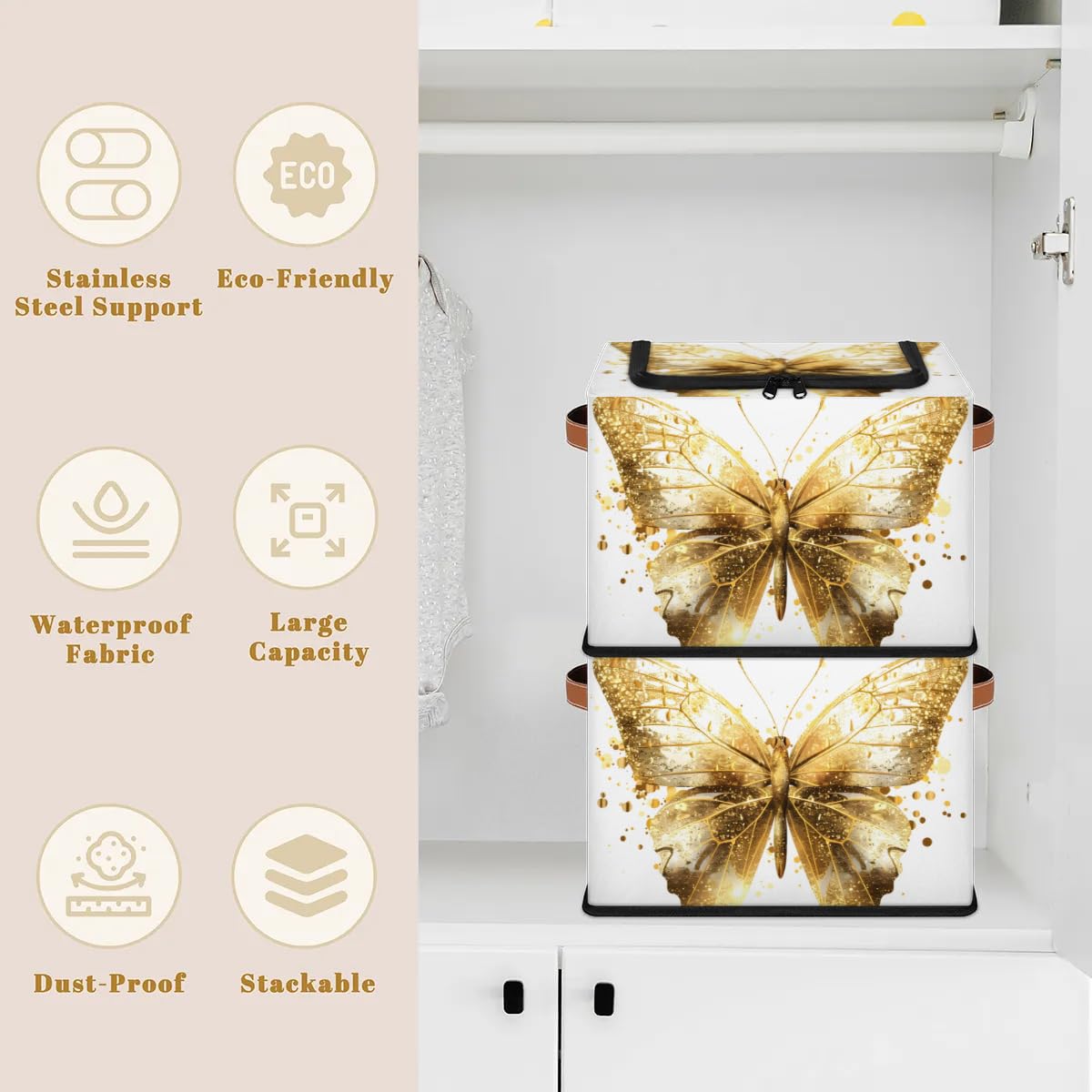 Gold Butterfly Storage Boxes with Sturdy Handles & Zipper Lid - 2 Pack Organizer Bins for Clothing, Toys, and Home Organization | Perfect for Bedroom, Closet, and Kids Room Storage