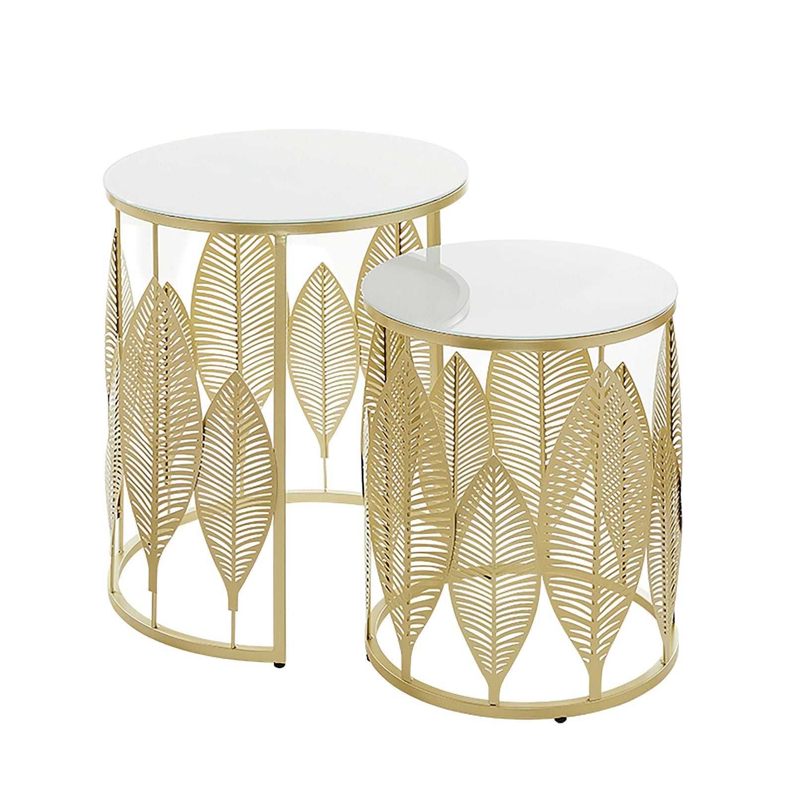 Criterion Gold Metal Frame White Glass Top Leaf Nested Set Coffee Tables 520mm - Perfect for Living Room, Office & Modern Home Decor