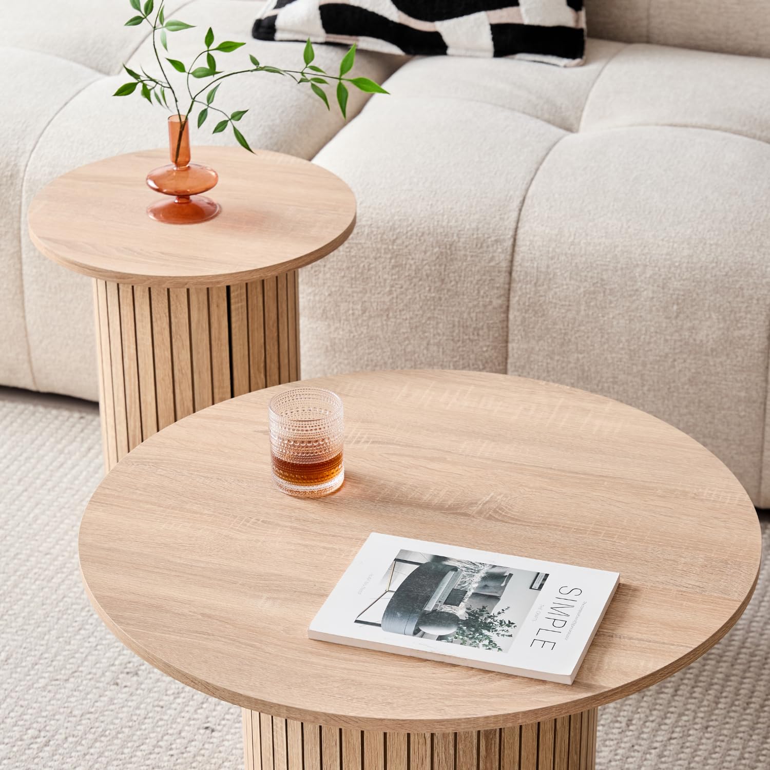 Round Nesting Coffee Tables Set of 2 - Modern Boho Fluted Drum Side Tables for Living Room, Bedroom, Office - 27.6