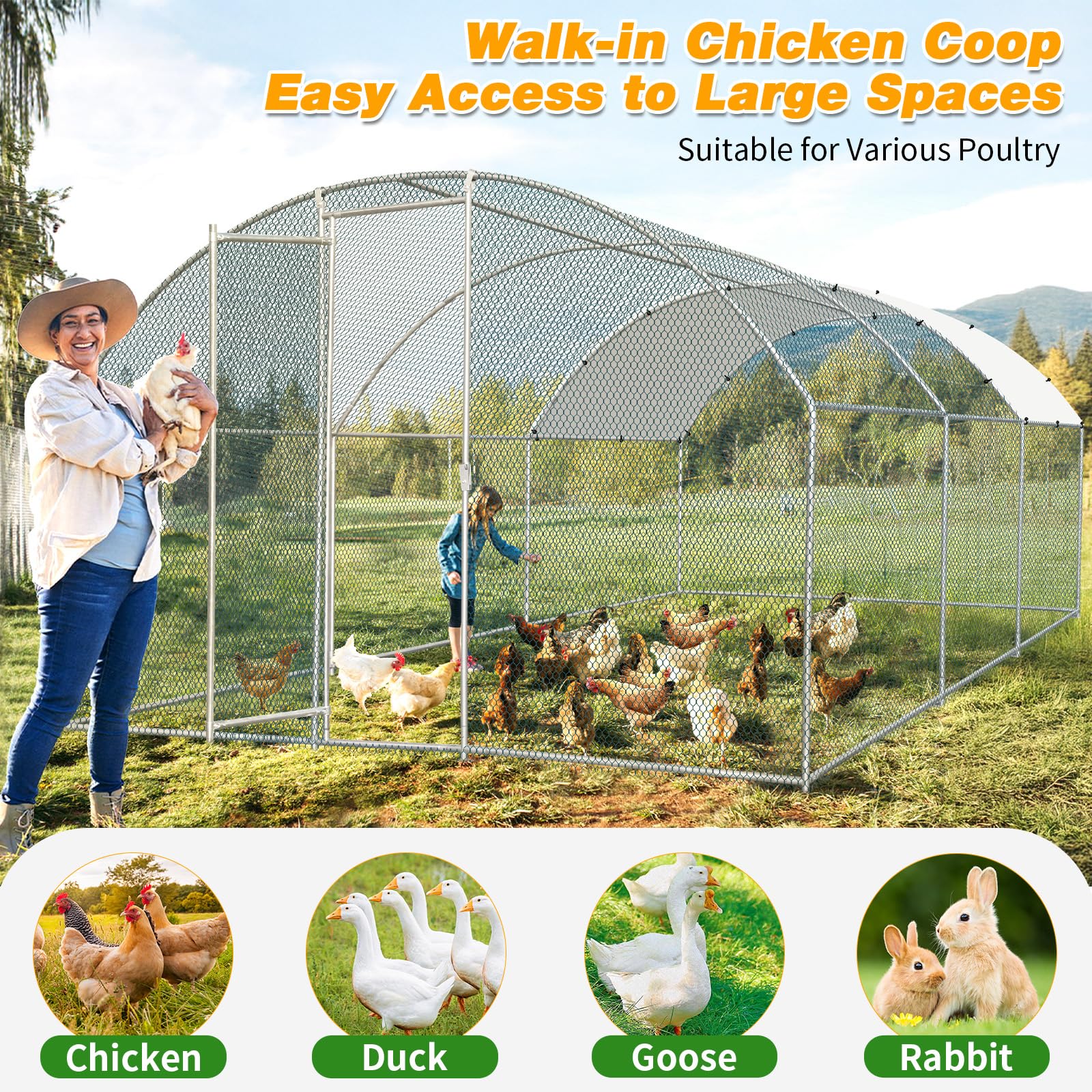 Outvita 19.5×10FT Large Walk-in Chicken Coop - Galvanized Metal Poultry Cage with Waterproof Anti-UV Arch Cover for Ducks, Rabbits & Hens - Durable Outdoor Yard, Backyard & Farm Use for All Seasons