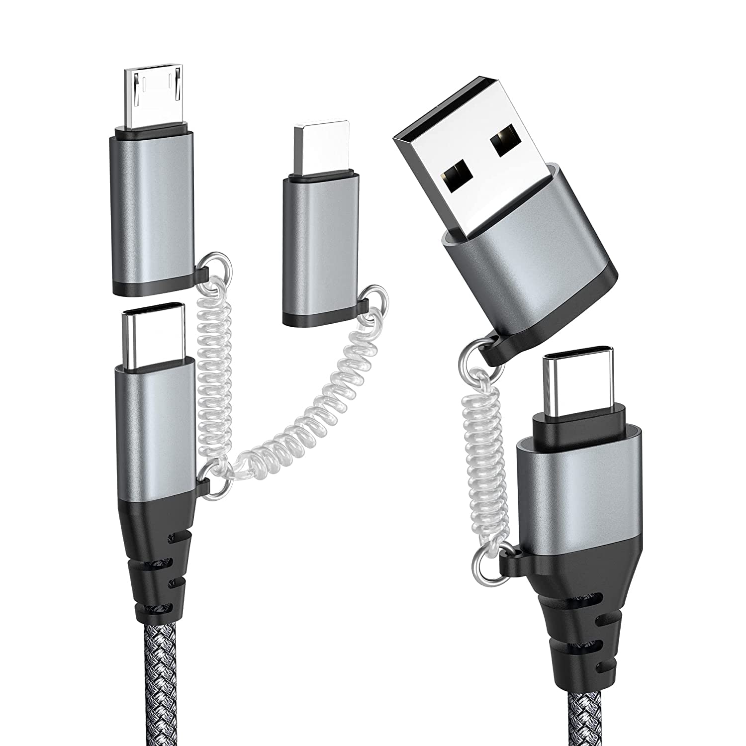 60W PD Multi Charger Cable - USB C to USB C, USB A to Lightning/Type C/Micro USB - Fast Sync & Charge Nylon Braided Cable (6.5ft) - Compatible with iPhone, Kindle, Samsung Galaxy, Huawei | Perfect for Travel, Office & Home Charging