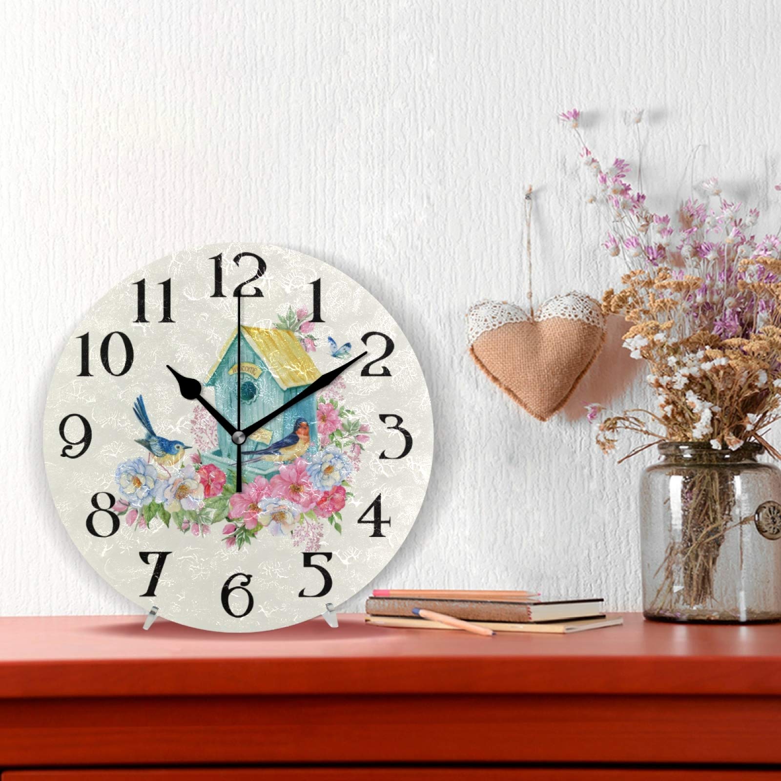 Butterfly & Bird House Wall Clock - 9.5 Inch Silent Non-Ticking Round Quartz Analog Clock for Bathroom, Kitchen, Garden - Battery Operated Decorative Wall Clock for Home & Office Use