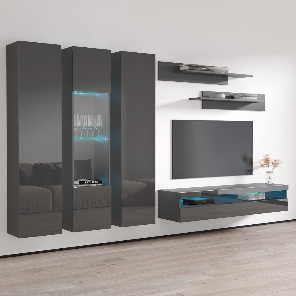 Modern Gray Wall-Mounted TV Stand with Storage & LED Lights - Meble Fly C35 Entertainment Center for Bedroom & Living Room - Floating TV Console with Shelves - Perfect for Small Spaces & Home Theater Setup