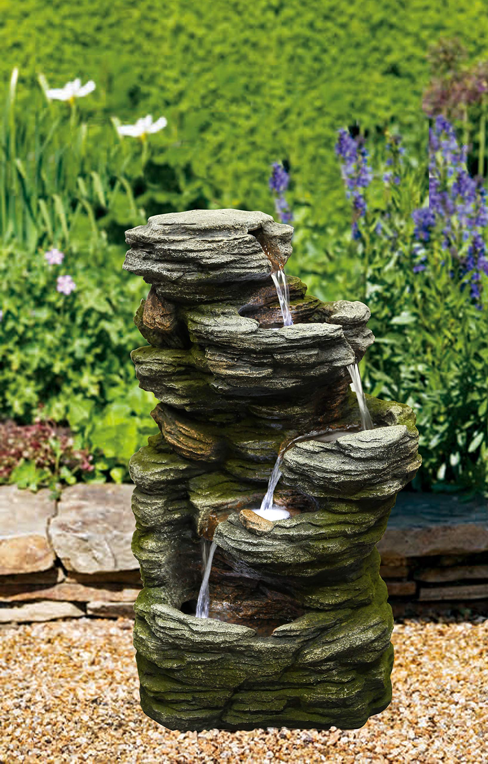 Multilevel Stone Fountain with 3 Cool White LED Lights - Perfect for Garden, Patio, and Outdoor Decor