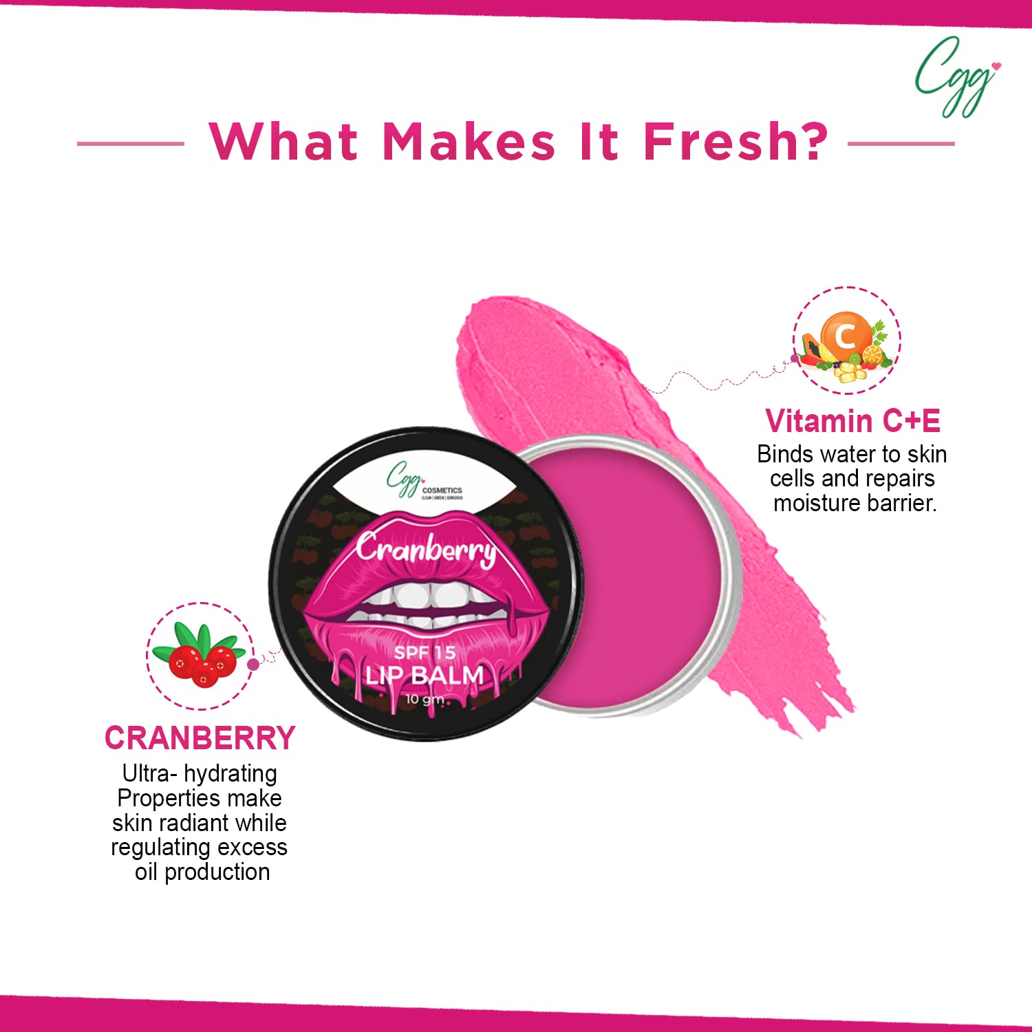 CGG Cosmetics Cranberry Lip Balm with SPF 15 - Moisturizing & Nourishing for Soft Pink Lips | Vitamin C+E Formula | Lightens Dark Lips & Reduces Pigmentation | 10g Tinted Lip Care | Perfect for Daily Sun Protection & Natural Lip Enhancement