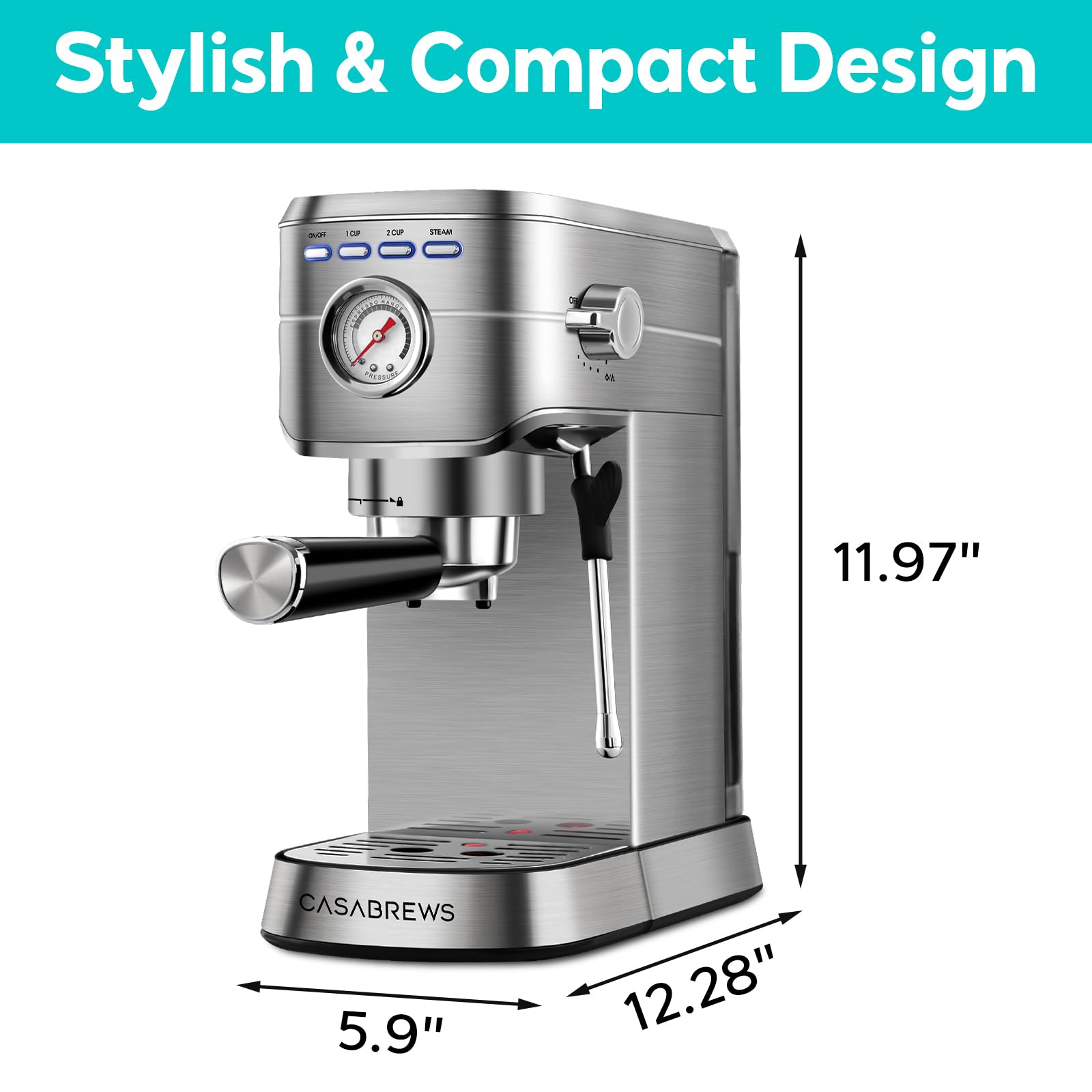 CASABREWS 20 Bar Espresso Machine - Compact Coffee Maker with 34oz Water Tank, Professional Cappuccino & Latte Maker with Milk Frother, Stainless Steel for Home Barista - Perfect for Kitchen, Office & Small Spaces