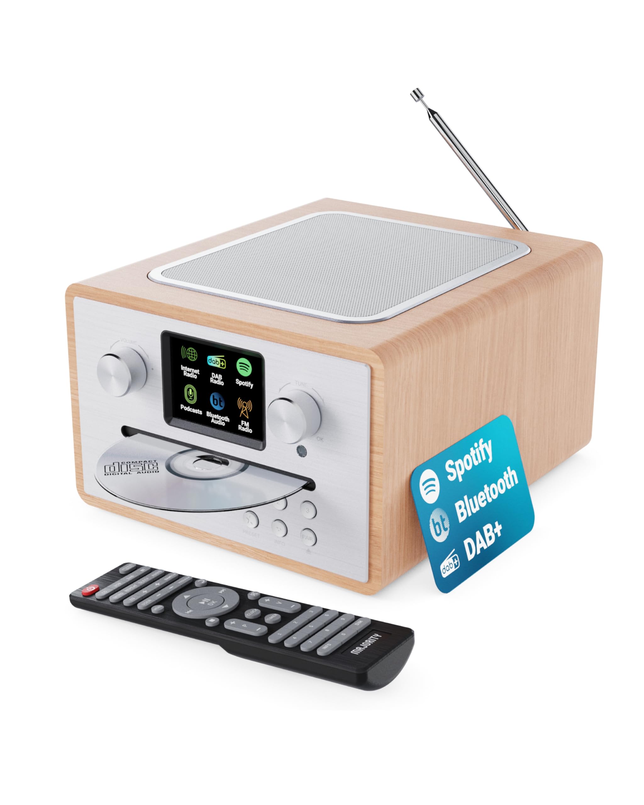Majority Homerton Oak Wood Internet Radio with DAB+/FM, Bluetooth, Spotify, Podcasts - 90 Presets, Dual Alarm, LED Display & Remote - Perfect for Bedroom, Kitchen, Office
