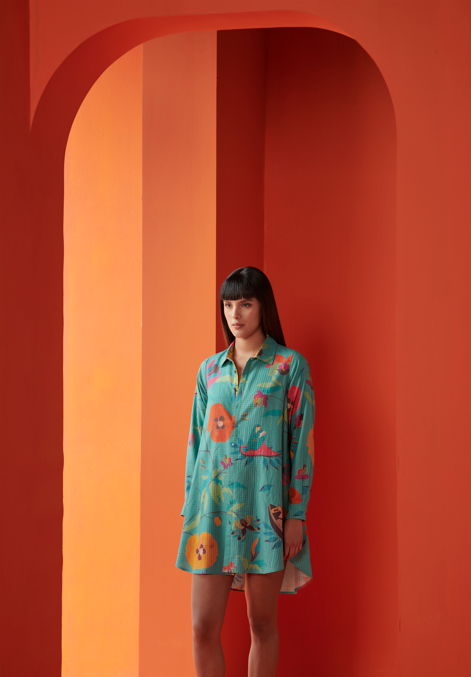 Oversized Cotton Silk Check Shirt in Aqua - Stylish & Comfortable for Casual Wear, Office & Outings