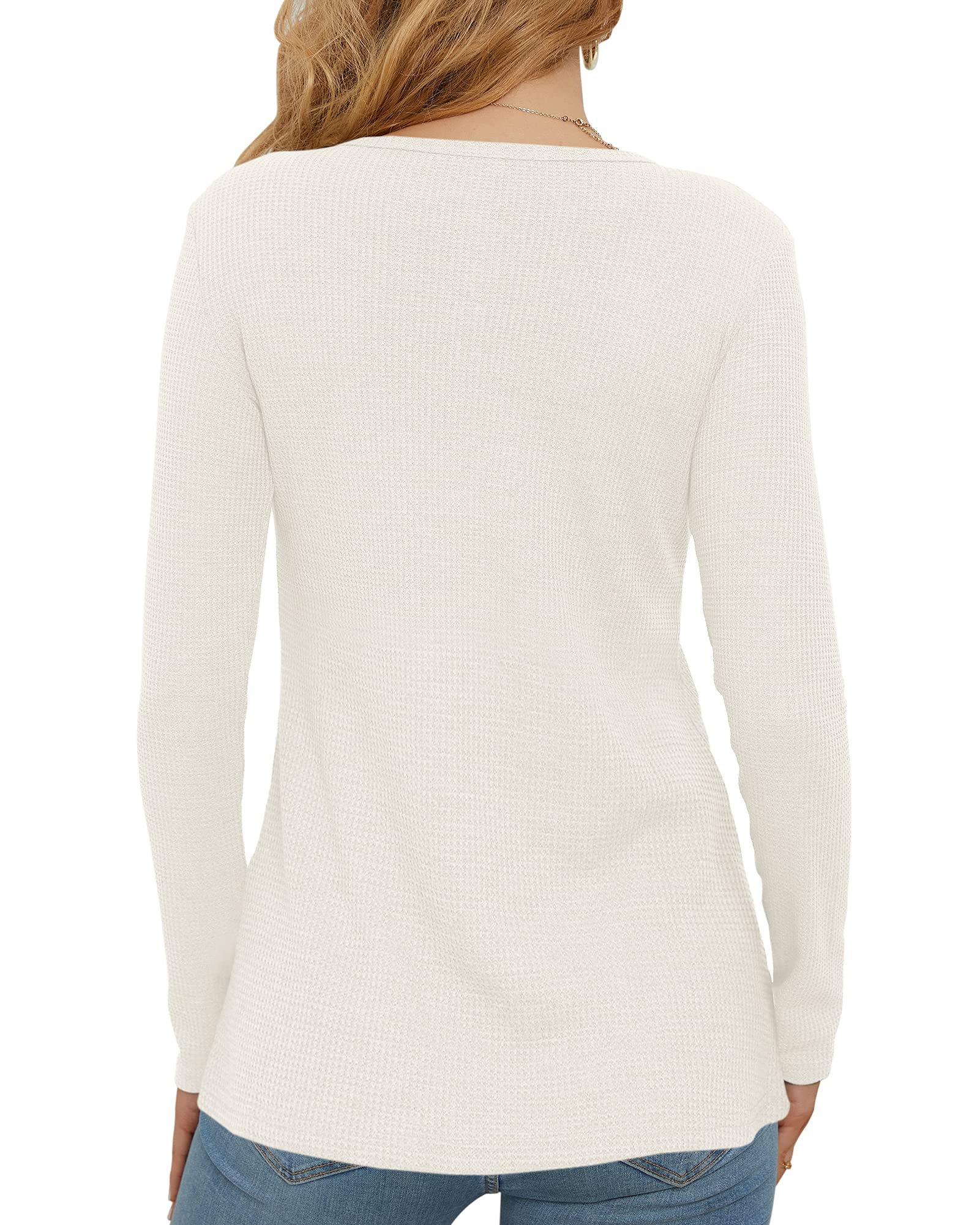 WNEEDU Women's Waffle Knit Long Sleeve Henley Shirt - Slim Fit Button Down V-Neck Casual Blouse for Work, Date & Everyday Wear