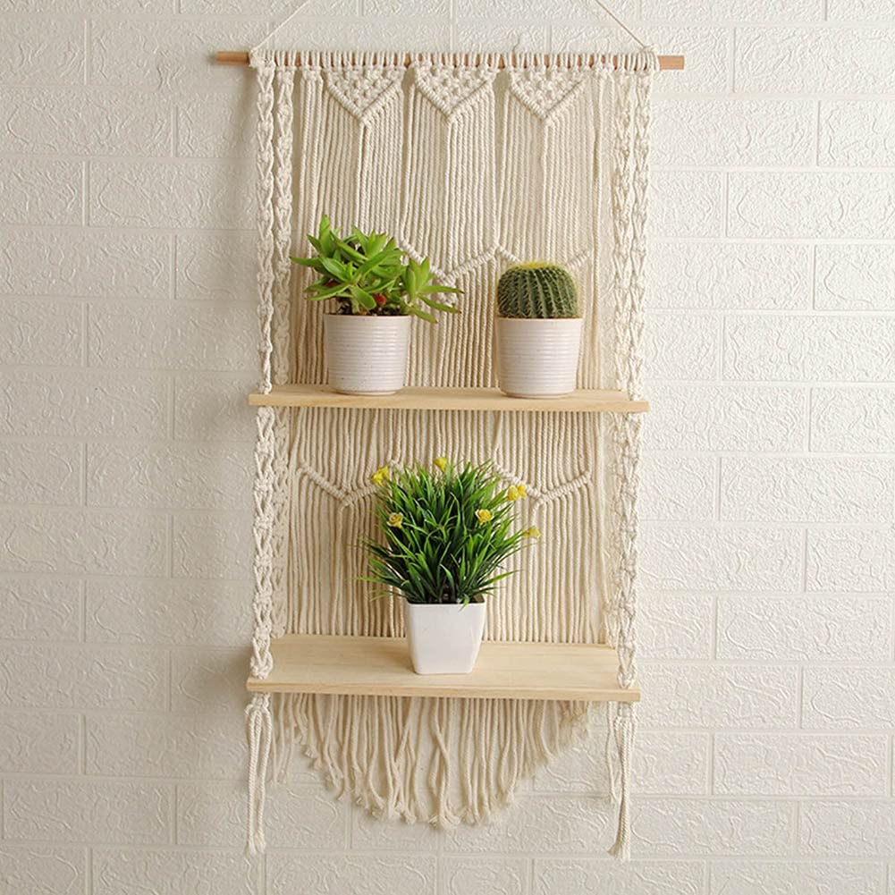 Hand-Woven Macrame Wall Hanging Shelf - 44x85cm Wooden Boho Decor with 2 Shelves for Bohemian Home Decor | Perfect for Living Room, Bedroom & Dorm Wall Decoration