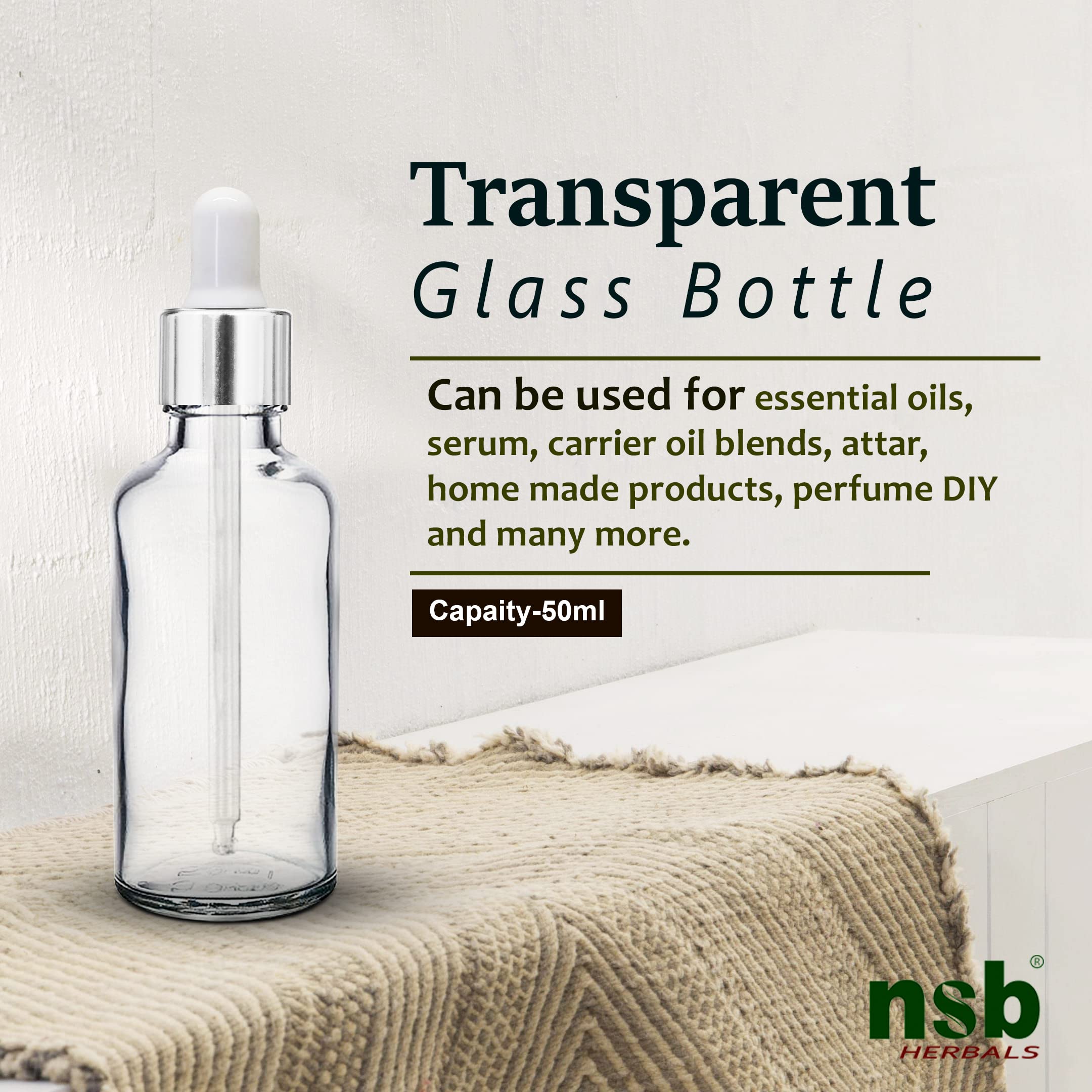 NSB Herbals 50ml Clear Round Empty Glass Bottle with Glass Dropper, Silver Ring & White Silicone Teat - Refillable for Essential Oils, Perfumes (Pack of 3) | Perfect for DIY Aromatherapy, Travel Size Liquids & Homemade Beauty Products